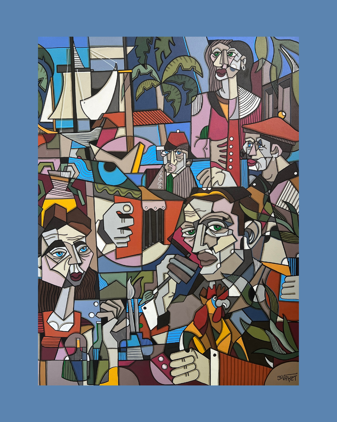 peinture de style cubisme mettant en vedette des visages humains expressifs, des couleurs vives, des lignes audacieuses et des compositions