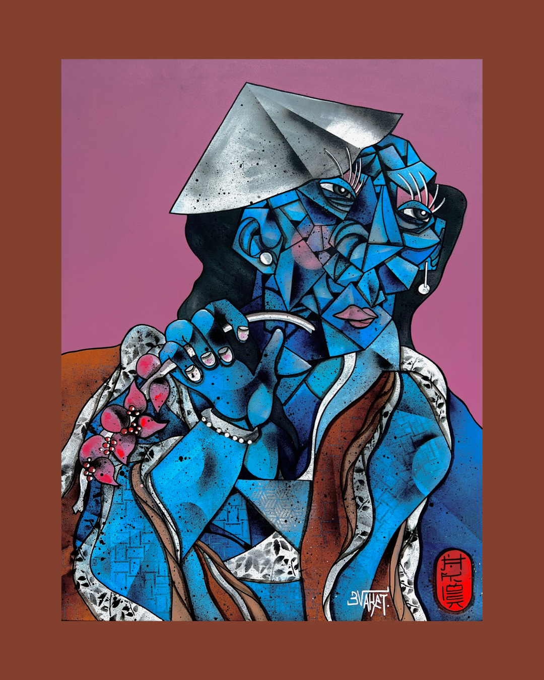 Peinture abstraite représentant une femme en style cubiste avec des nuances de bleu, portant un chapeau en papier, avec des détails floraux et une expression contemplative.