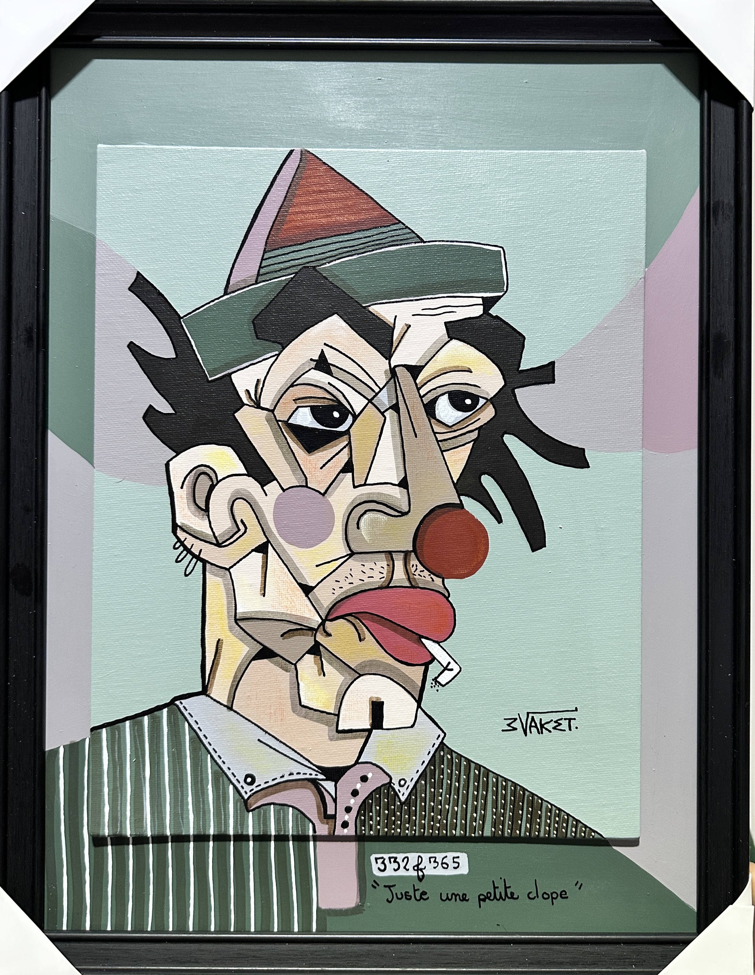 Portrait cubiste d'un homme avec une coiffure noire, portant une chemise à rayures vertes et blanches, avec une cigarette à la bouche, dans un style de peinture abstraite.