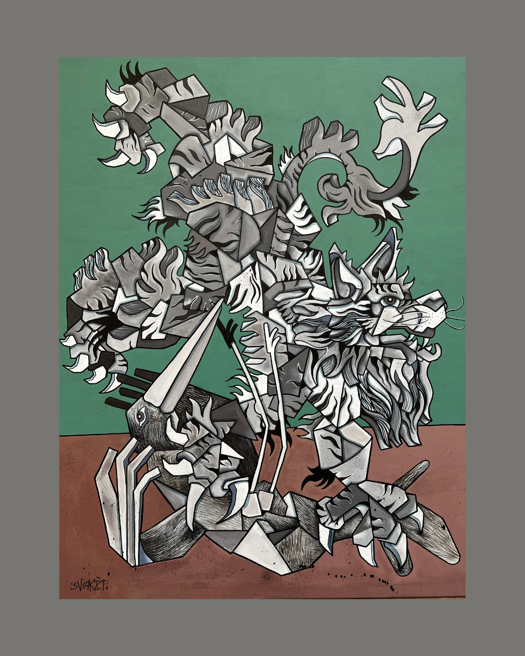 peinture de style cubisme mettant en vedette des visages humains expressifs, des couleurs vives, des lignes audacieuses et des compositions