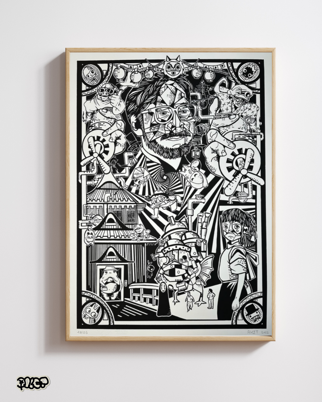 Une illustration en noir et blanc représentant un homme avec des lunettes, un visage fragmenté en style cubiste, entouré de divers personnages et éléments imaginaires, dans un style artistique complexe et détaillé.