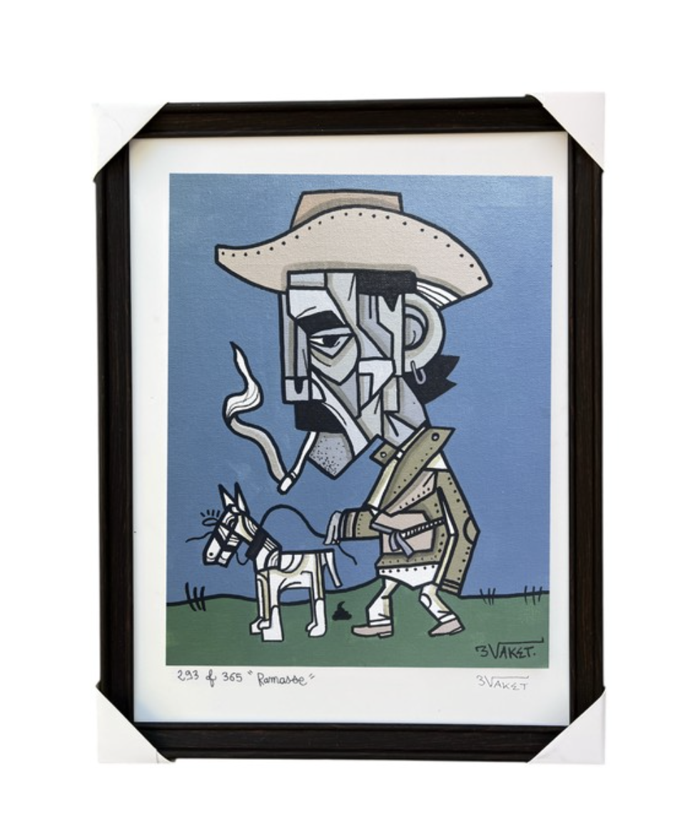 Peinture de style cubiste représentant un cowboy fumant une cigarette, tenant un cheval par la bride, avec un ciel bleu en arrière-plan.