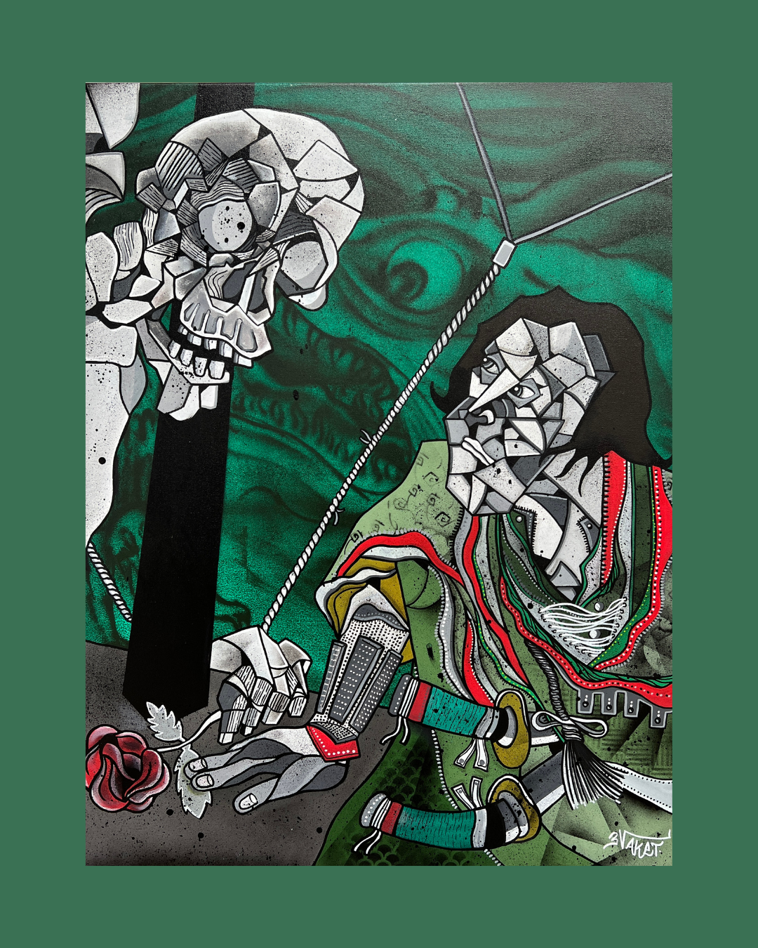 Une peinture de style cubiste représentant une femme avec des traits faciaux angulaires, une peau vert foncé, et des vêtements colorés suspendus, face à un squelette grimaçant, dans un décor de couleurs vertes et gris.