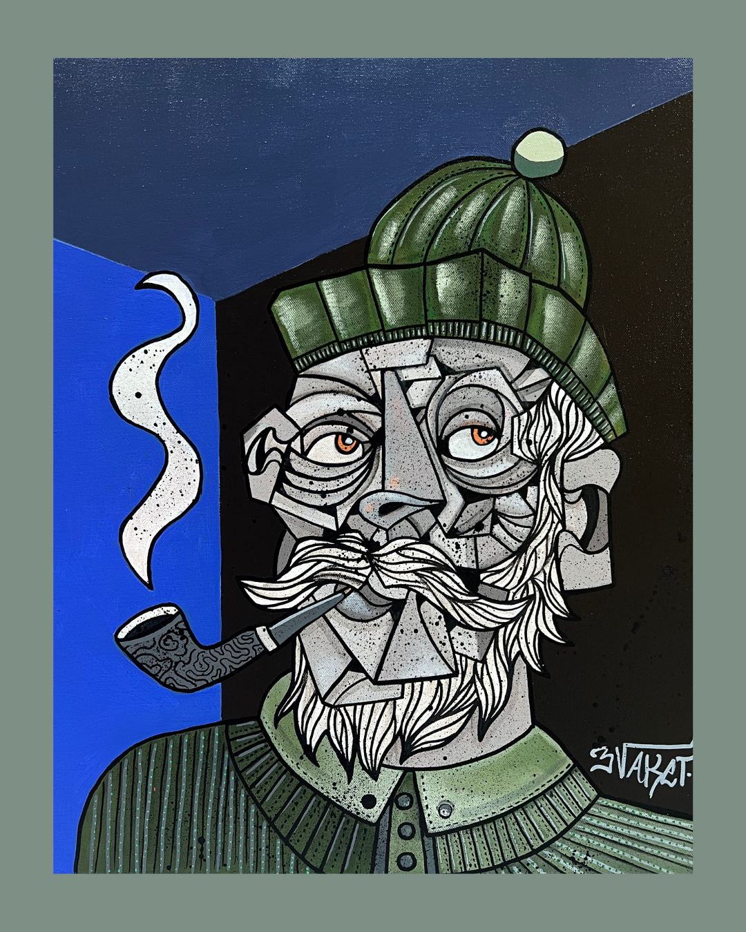 Portrait d'un homme âgé avec une barbe et une moustache, portant un bonnet vert, fumant une pipe et habillé en vêtements verts. Style artistique abstrait et coloré.