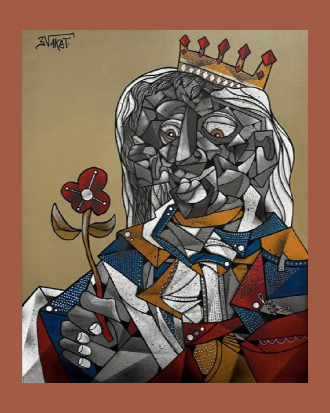 Une peinture ou illustration représentant une version cubiste du roi Louis XIV, portant une couronne, avec un sourire et tenant une fleur rouge dans une main.