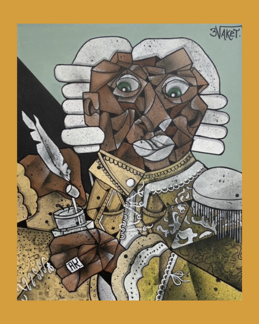 Une peinture cubiste représentant une figure royale, probablement un roi ou une reine, tenant une plume dans une main et une coupe dans l'autre. La figure porte une couronne et est ornée de bijoux, avec un fond de couleur beige et un cadre ocre.