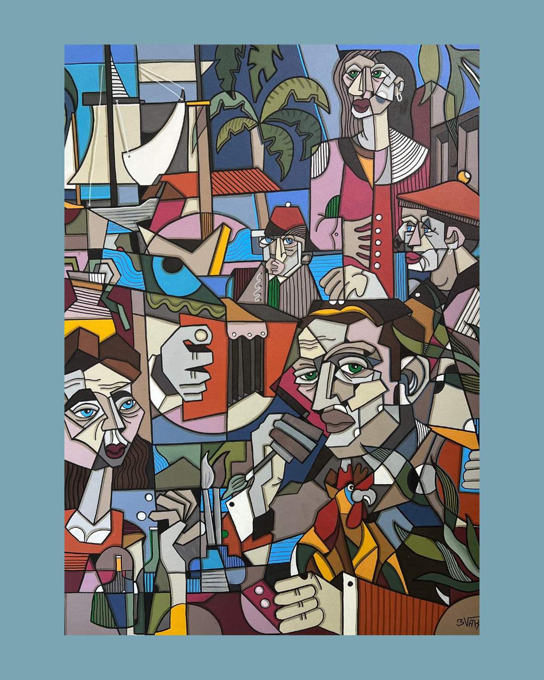 Une peinture cubiste représentant plusieurs figures humaines et un perroquet, avec une palette de couleurs vibrantes et des formes géométriques.