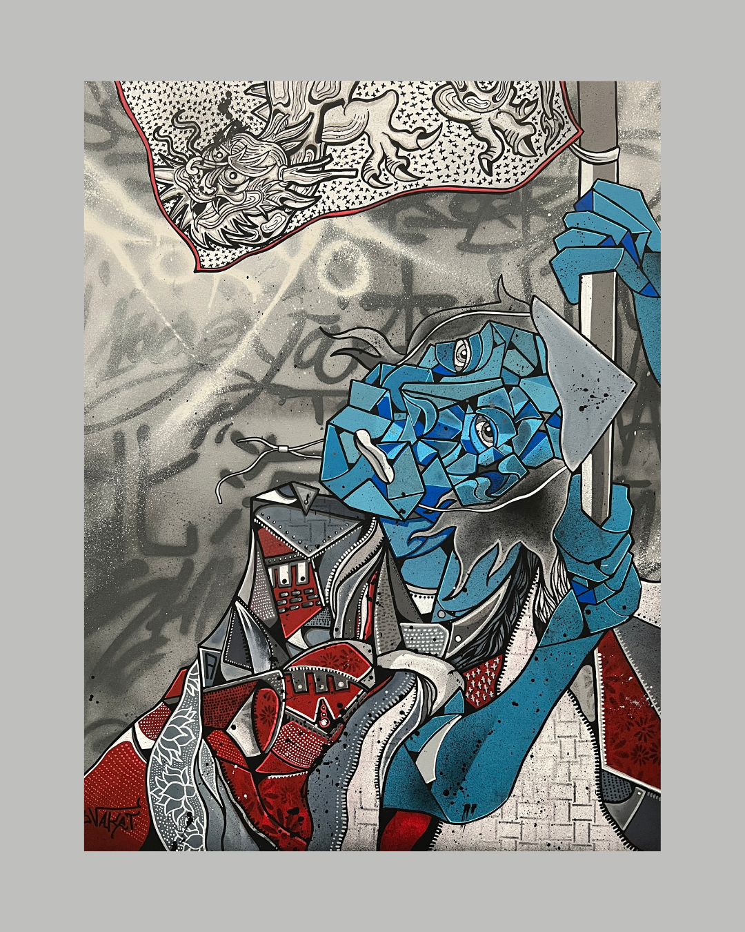 Une œuvre d'art de style graffiti représentant un homme bleu en train de prendre une photo, avec un portrait d'une femme en arrière-plan, tout cela dans un style cubiste avec des couleurs vives et des détails complexes.