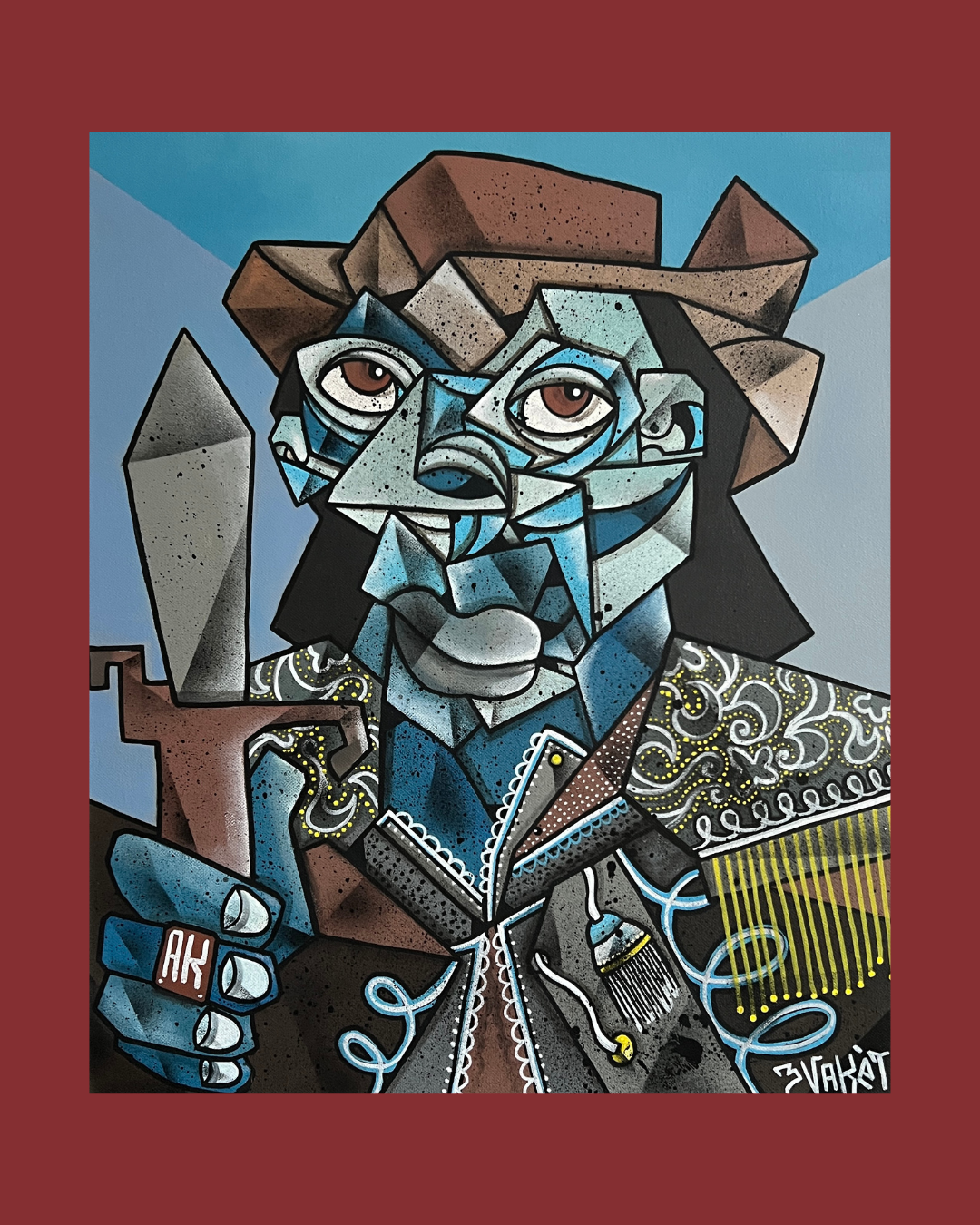 Peinture de style cubiste représentant un homme avec un chapeau, tenant un couteau, avec un fond bleu et un cadre marron.