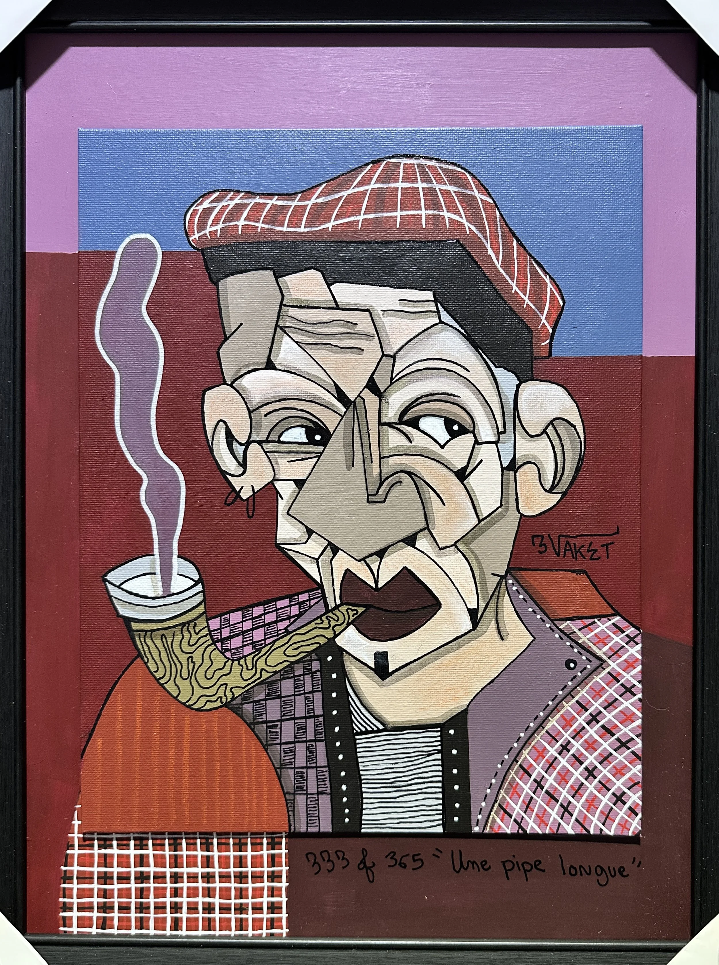 Tableau de style cubiste représentant un homme portant un beret rouge à carreaux, fumant un cigare, portant une veste à motifs et un t-shirt rayé, avec un fond coloré en bleu, rose et rouge.