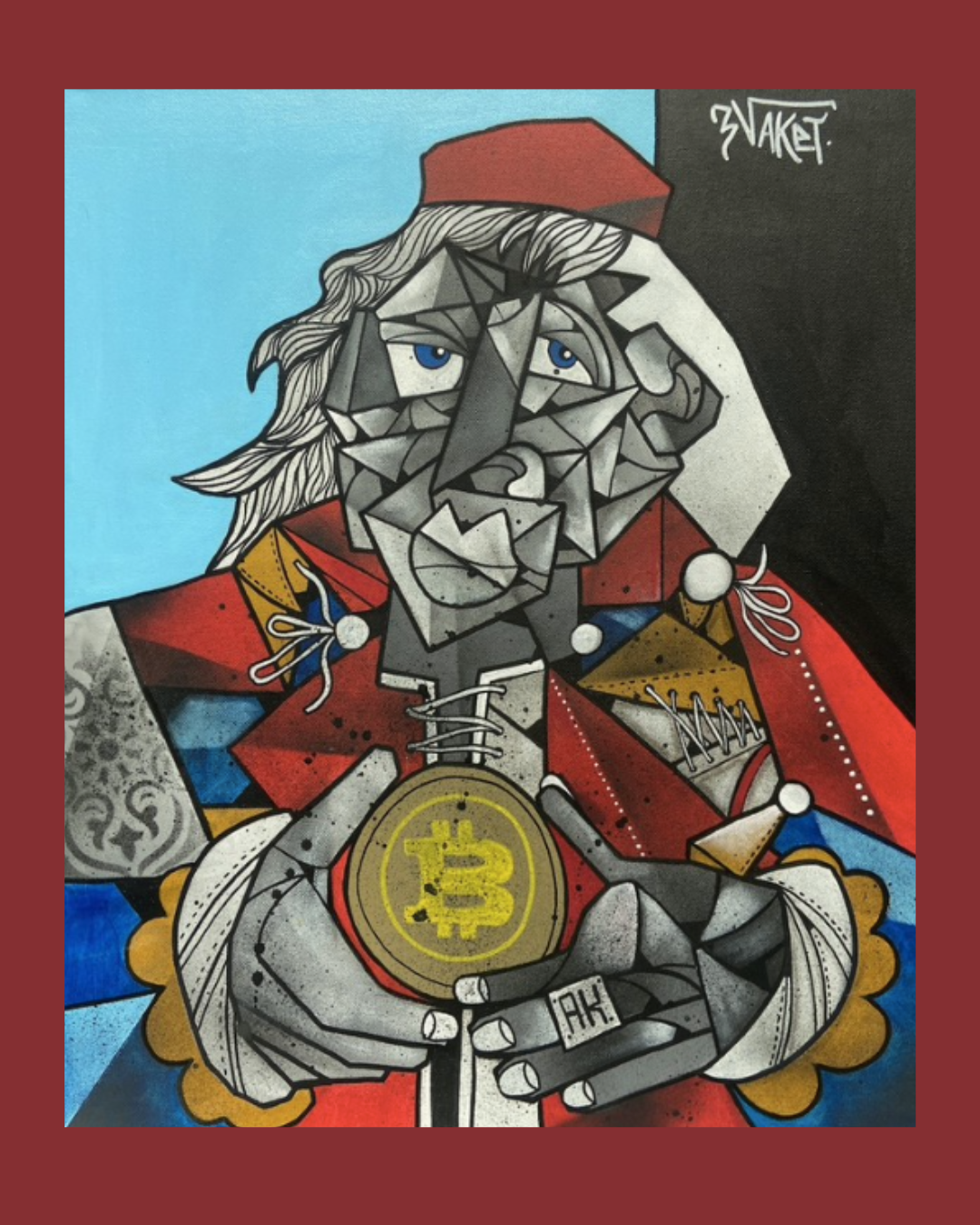 Une œuvre d'art de style cubiste représentant un personnage avec une tête en forme de visage géométrique, portant un costume coloré et tenant un symbole Bitcoin dans ses mains.