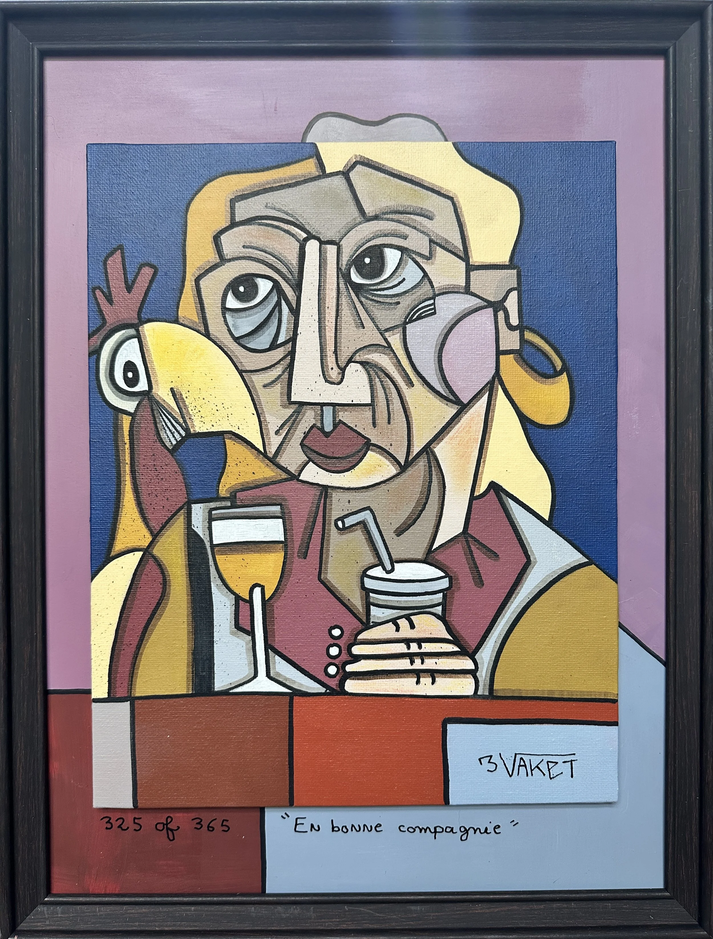 Peinture cubiste représentant une femme avec une bière et un verre de vin. Texte : '325 of 365', 'En bonne compagnie', '3 VALET'.