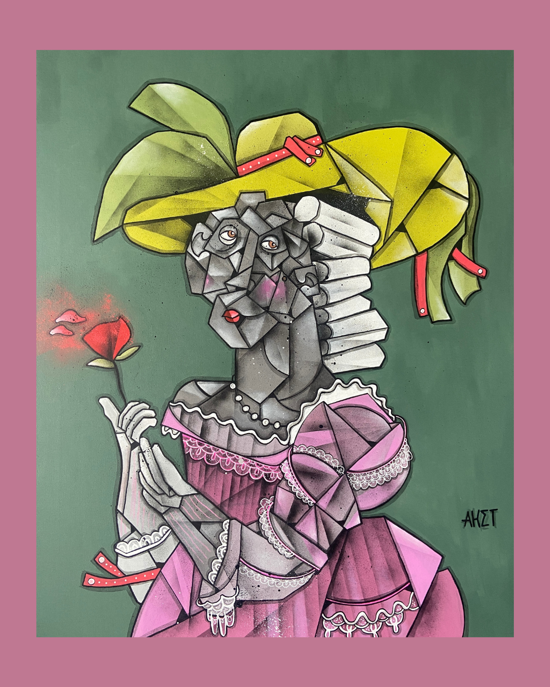 Une œuvre d'art de style cubiste représentant une femme avec un chapeau composé de feuilles, portant une robe rose ornée de dentelles, tenant une fleur rouge. La femme a des traits déformés et une expression mystérieuse.