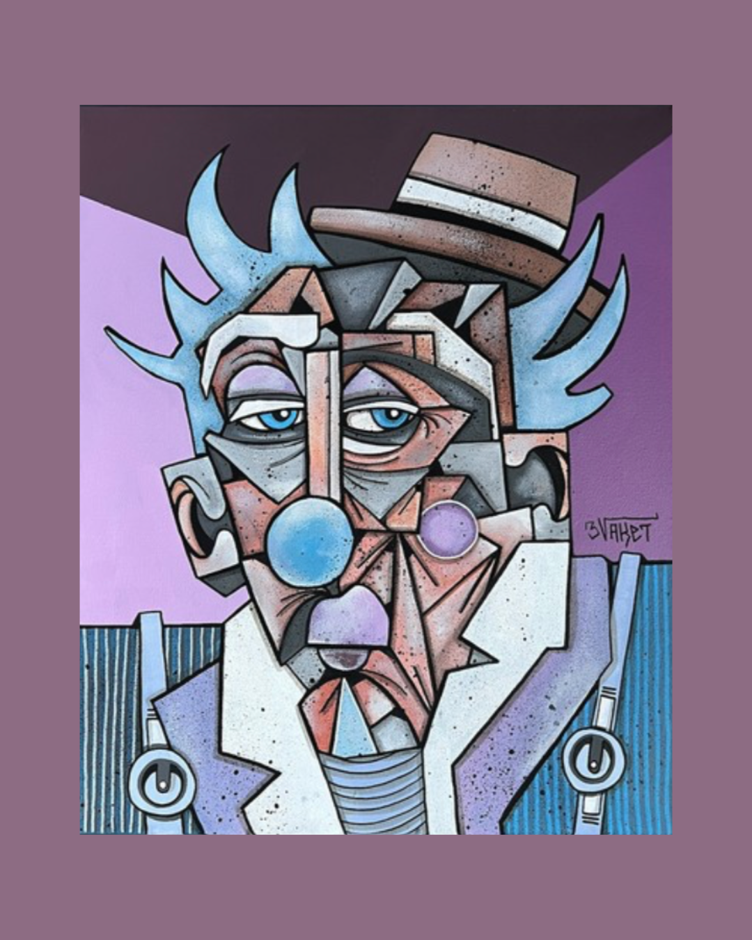 Un portrait artistique d'un homme avec des traits faciaux géométriques et cubiques, portant un chapeau et une veste, avec des couleurs dominantes en violet, bleu et gris.