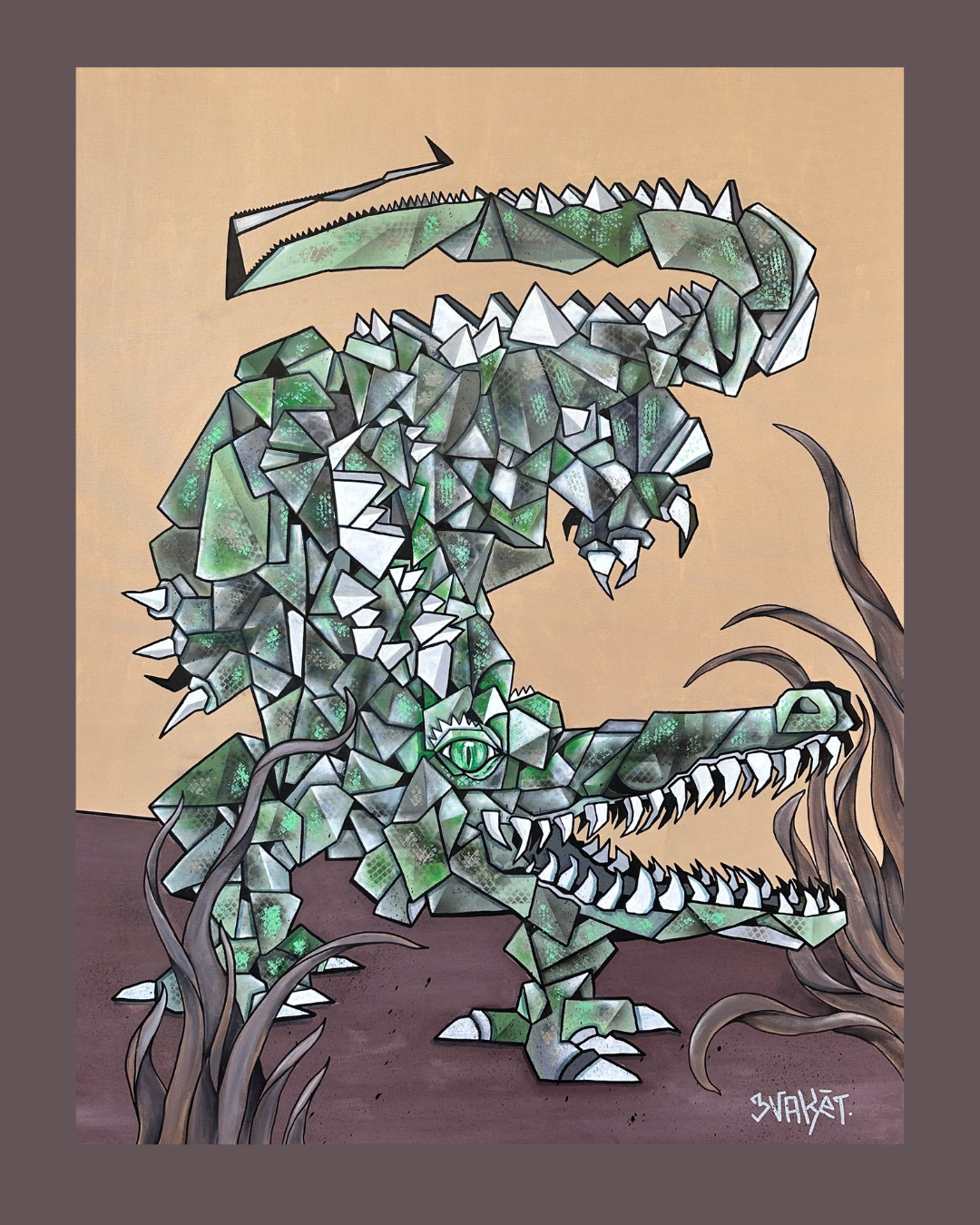 Une illustration d'un dinosaure, probablement un T-Rex, représenté avec des formes géométriques et des tons verts, avec des plantes environnantes.