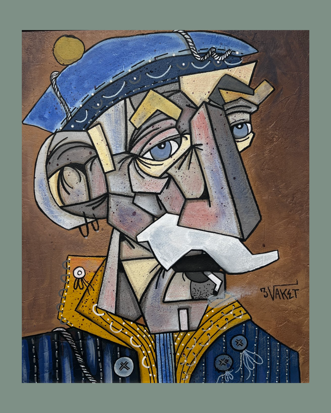 Portrait cubiste d'un homme âgé avec une moustache blanche, portant un béret bleu et un costume orange, fumant une cigarette.