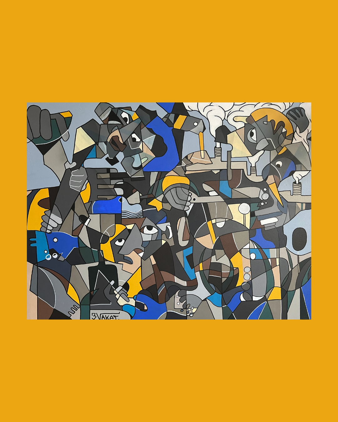 Une peinture cubiste représentant une scène de personnes dans un style abstrait, utilisant principalement des teintes de gris, noir, bleu, jaune et blanc.