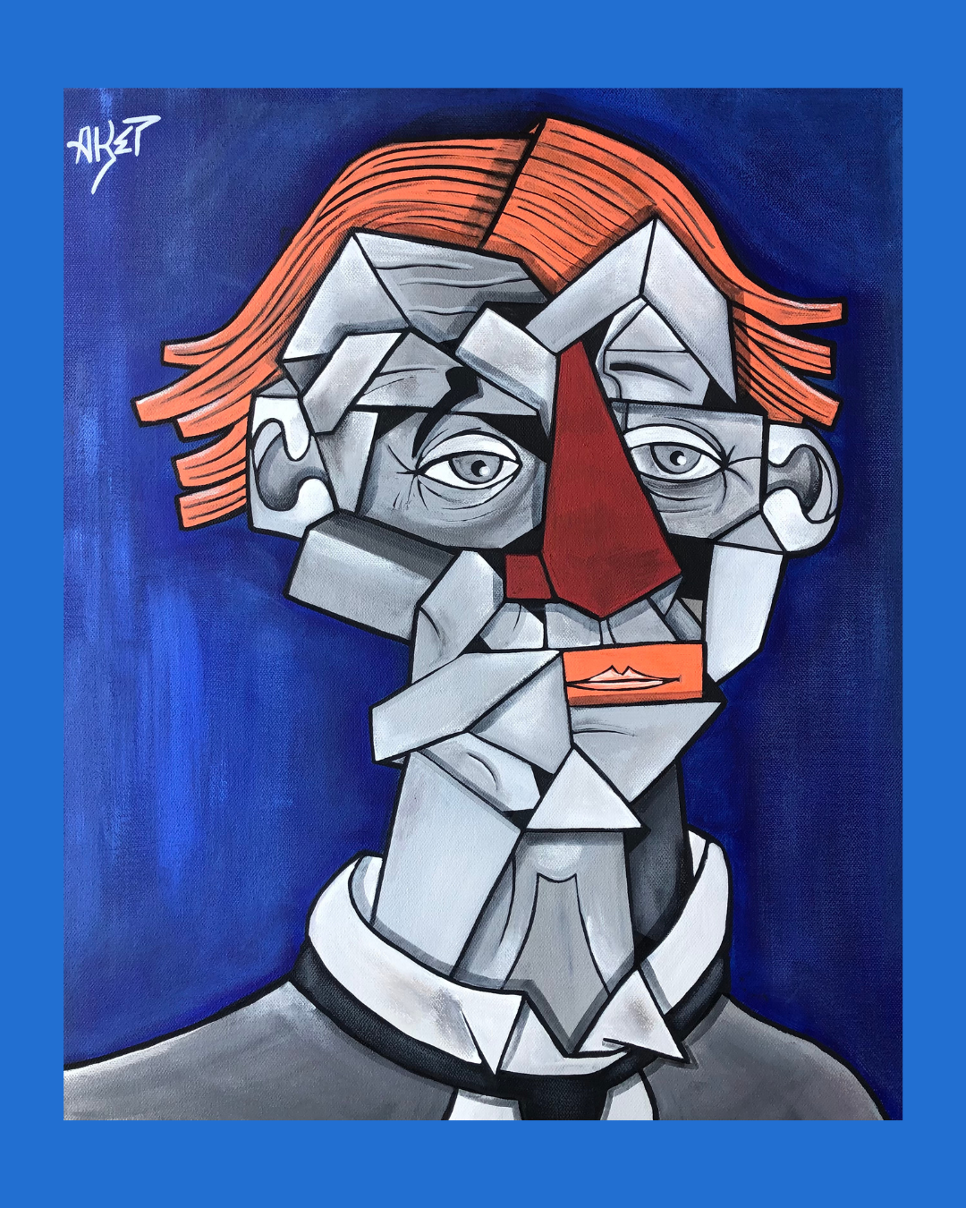 Portrait cubiste d'un homme avec des cheveux roux, portant une chemise, dans un fond bleu.