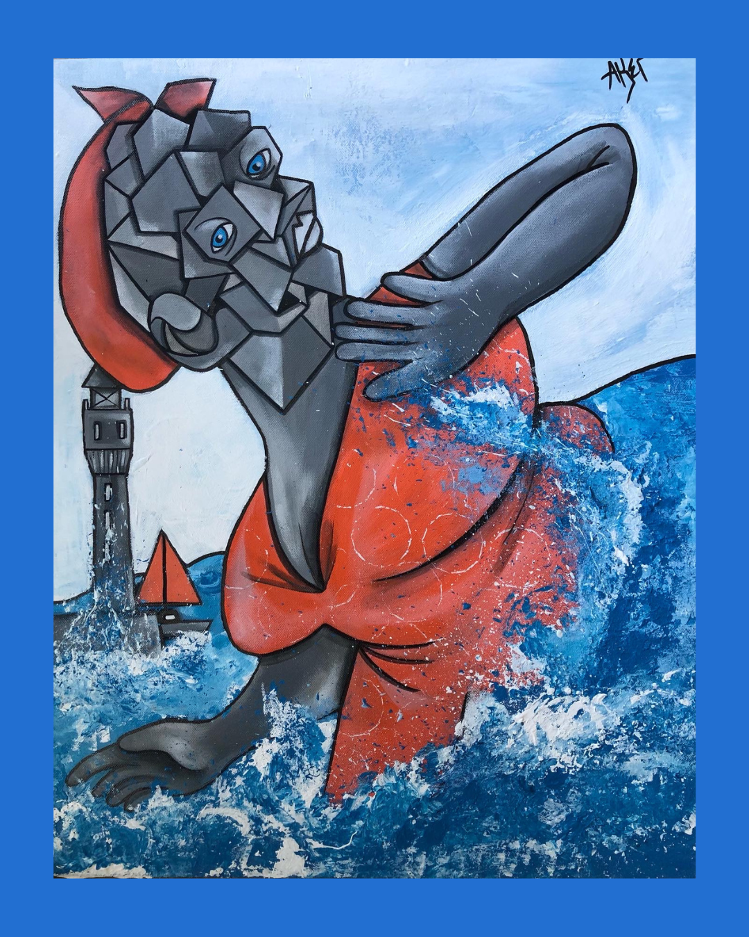 Un tableau de style graffiti représentant un dauphin géant en train d'émerger de la mer, avec une rame de bateau à voile rouge en arrière-plan, sur fond de mer agitée et ciel bleu.