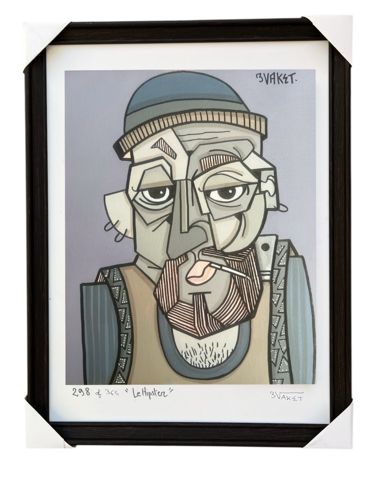 Dessins de style cubiste représentant un homme avec une barbe, portant un bonnet et une veste, dans des tons neutres et avec des détails stylisés.