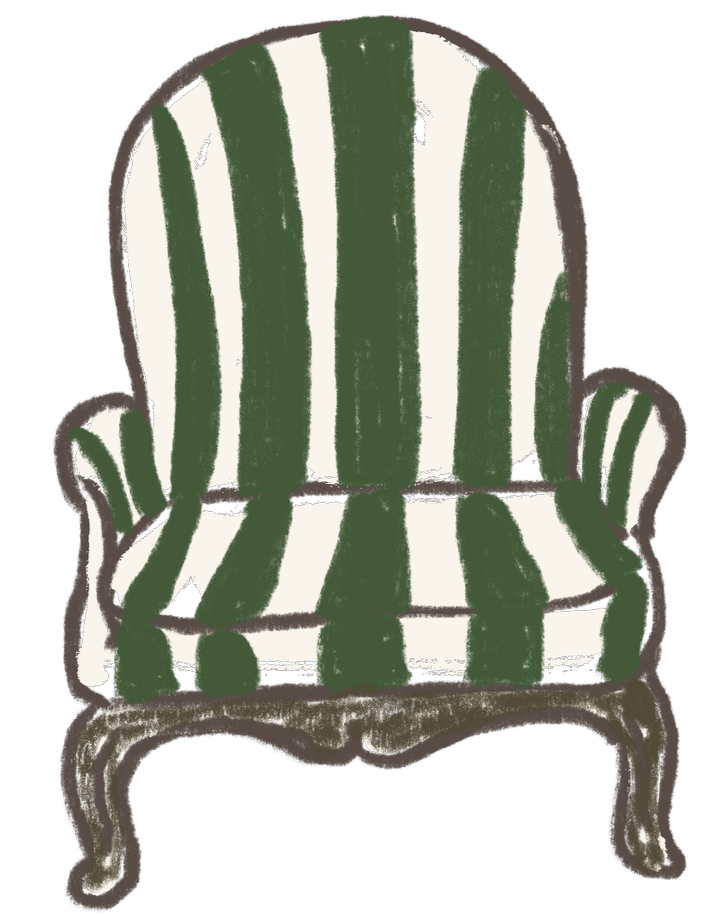 A sketch of an armchair with a high rounded back, swept arms, and cabriole legs, covered in green and white vertical stripes.