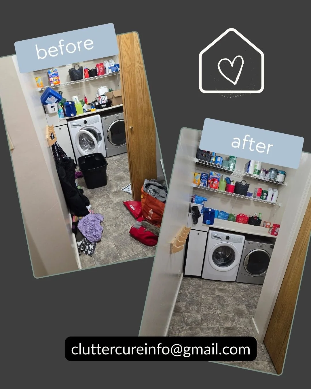 Side-by-side comparison of a laundry room before and after it was cleaned, showing cluttered space in the 'before' photo and organized shelves and floor in the 'after' photo.