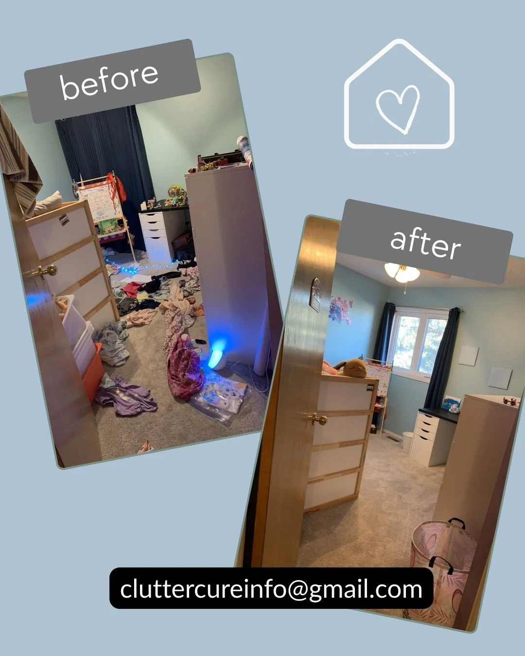 Comparison of a messy bedroom before cleaning with clothes on the floor and clutter, and a clean, organized bedroom after cleaning with no clutter, a window, and curtains.