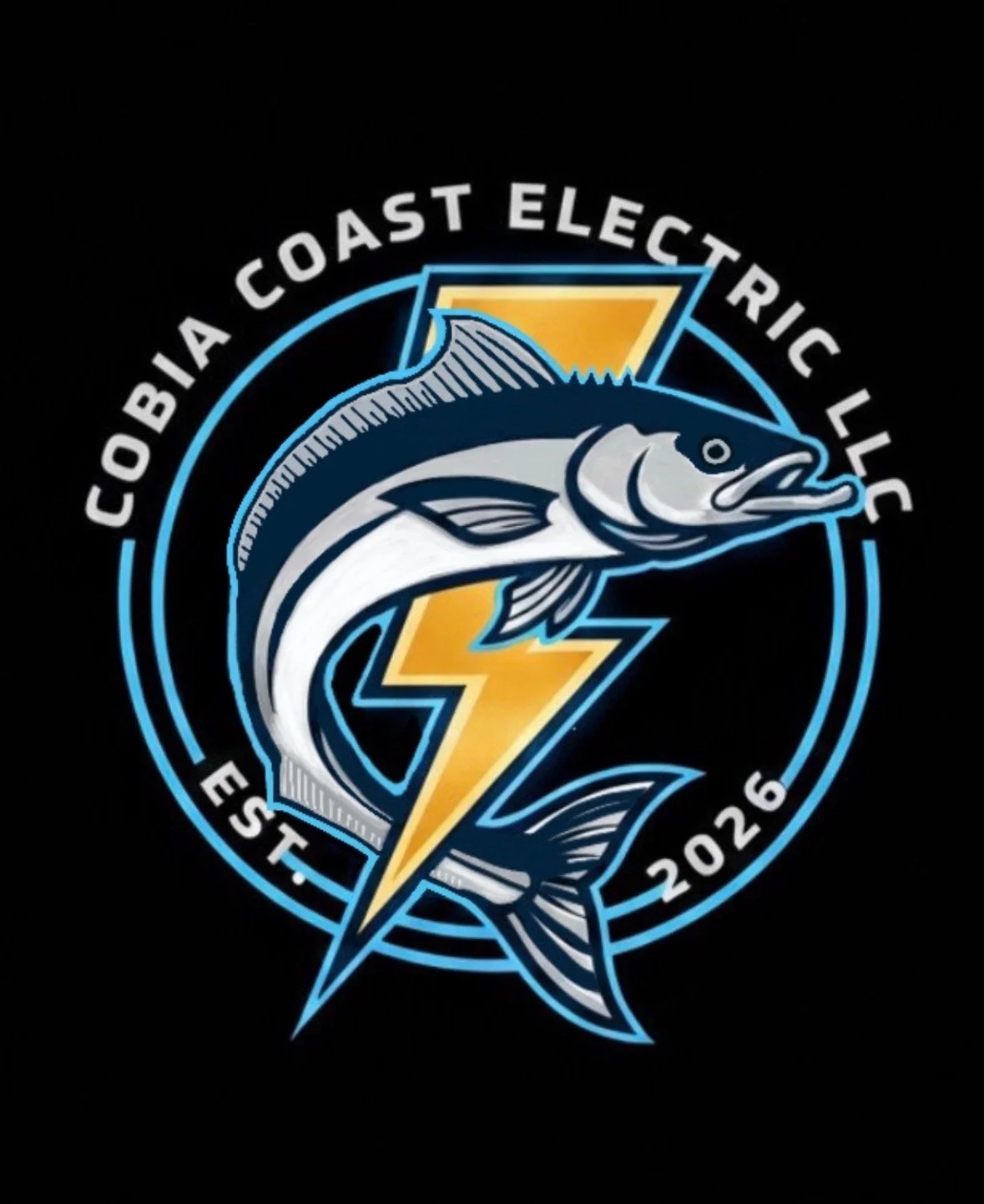 Logo for Cobia Coast Electric LLC featuring a jumping cobia fish, a yellow lightning bolt, and the establishment year 2016.