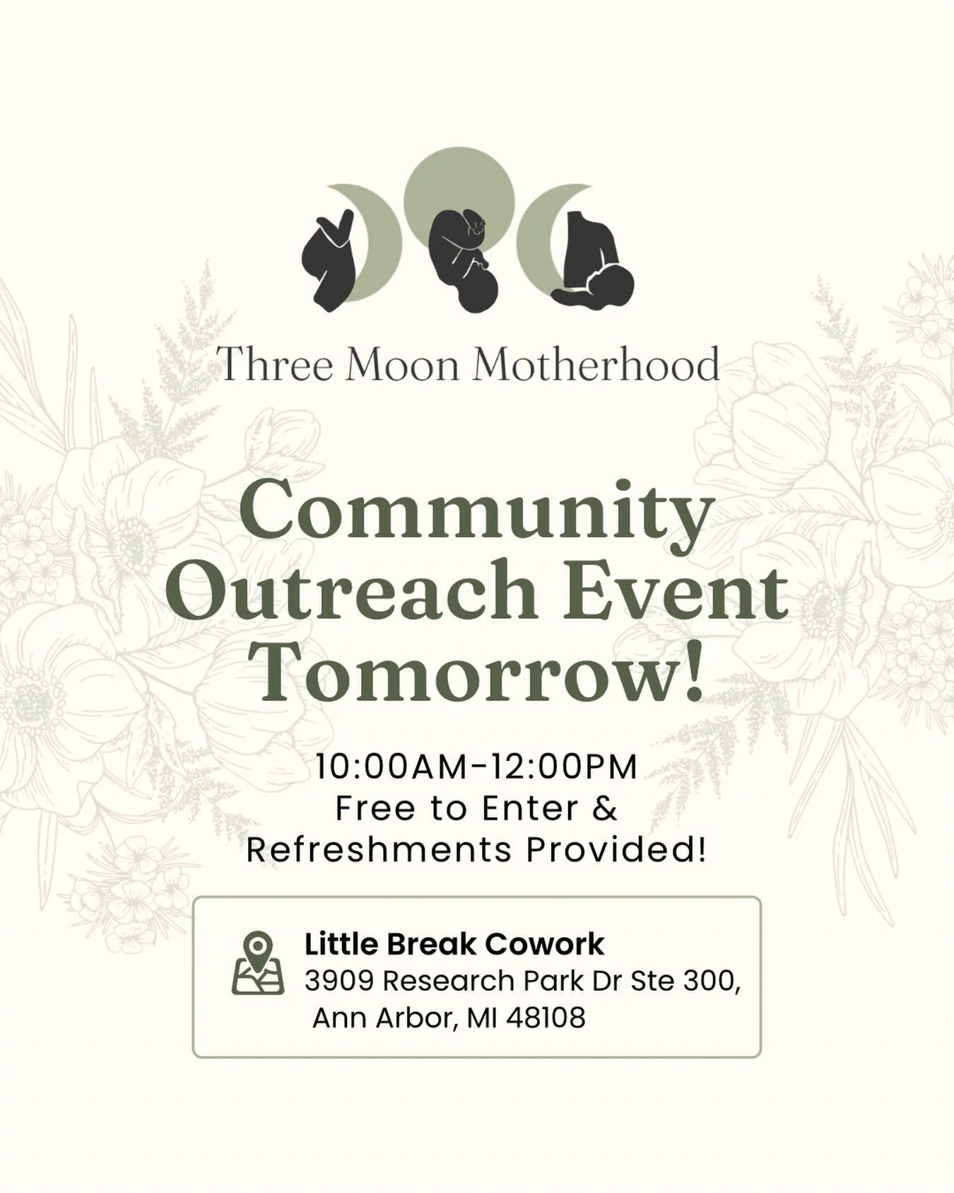 Join us tomorrow morning at the Three Moon Motherhood Community Outreach Event 🌿

We&rsquo;re gathering at Little Break Cowork from 10:00 AM&ndash;12:00 PM to assemble care packages for families in need using generously donated supplies from our com