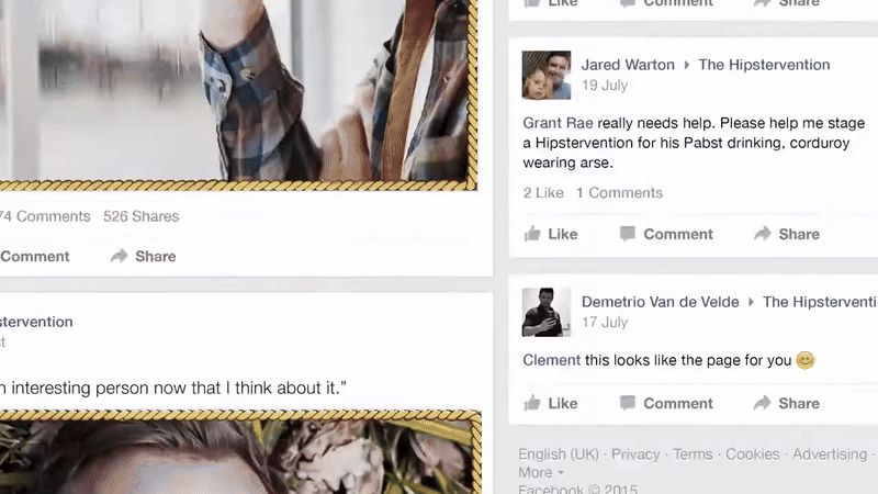 Screenshot of a Facebook page with comments and posts, including partial images of people, a man holding a tool, and another person lying on the ground among leaves.