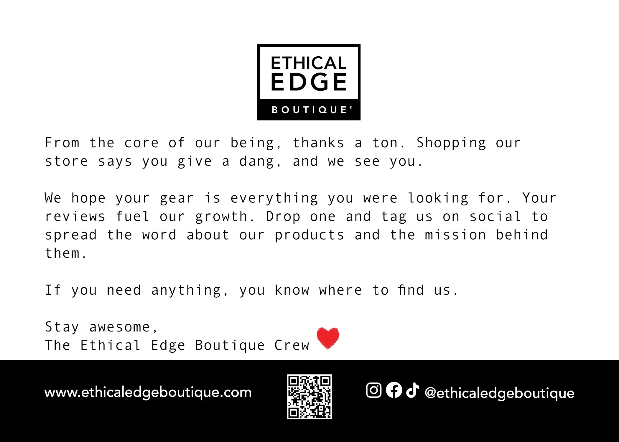 Letter from Ethical Edge Boutique expressing gratitude to customers for support, encouraging social media sharing, and providing contact information including website, QR code, and social media icons.