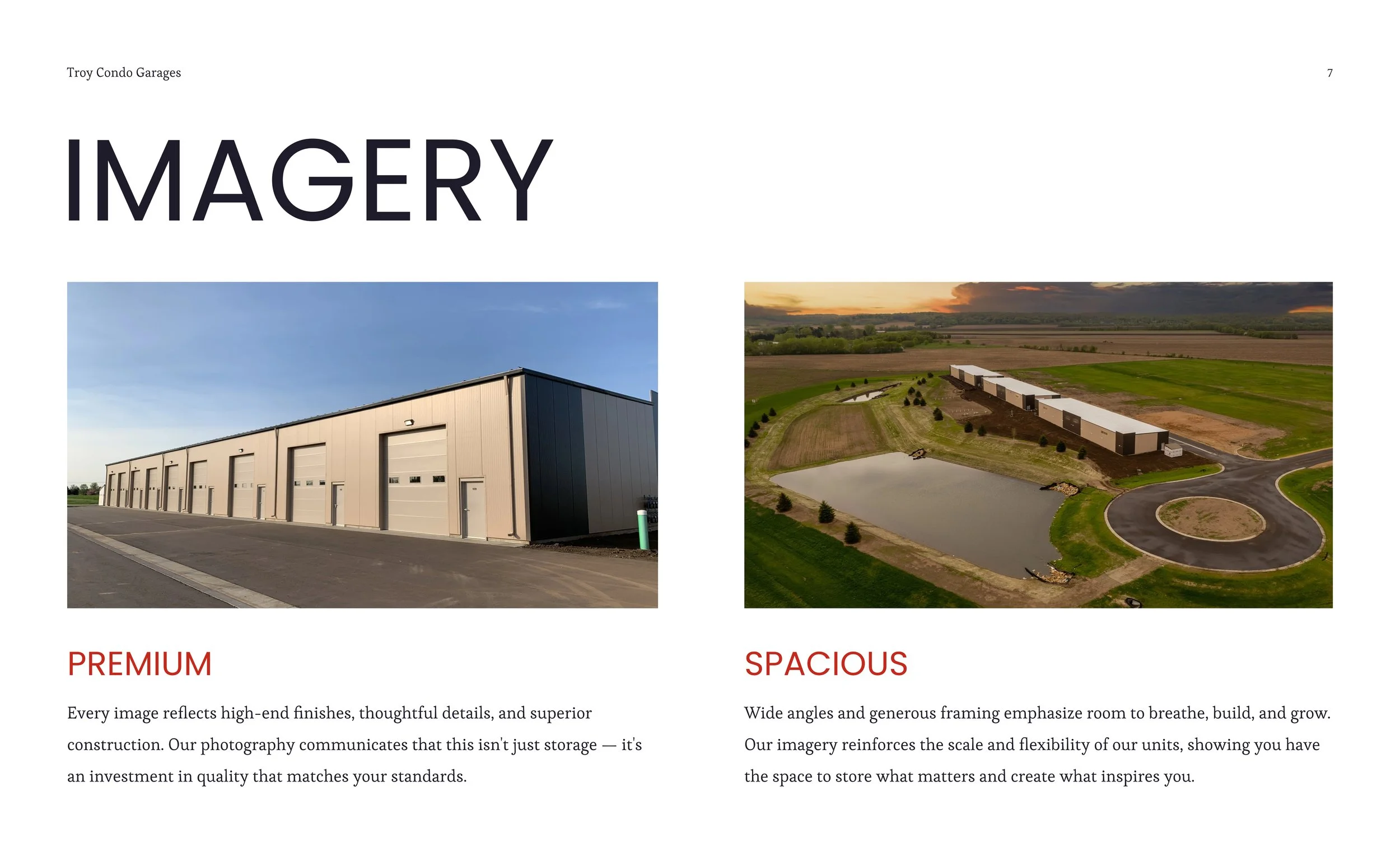 Page from a brochure or catalog showing two images of storage or garage buildings. The left image is a modern, large beige storage building with several garage doors, and the right image is an aerial view of a storage facility with multiple units nea