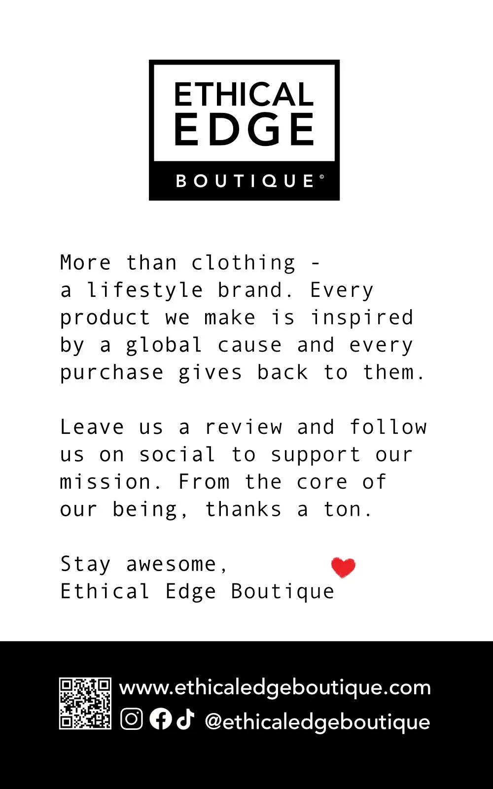 Text from a promotional card for Ethical Edge Boutique which emphasizes its focus on lifestyle and sustainable products. The card features the brand's logo at the top, a heart icon, and social media information at the bottom.