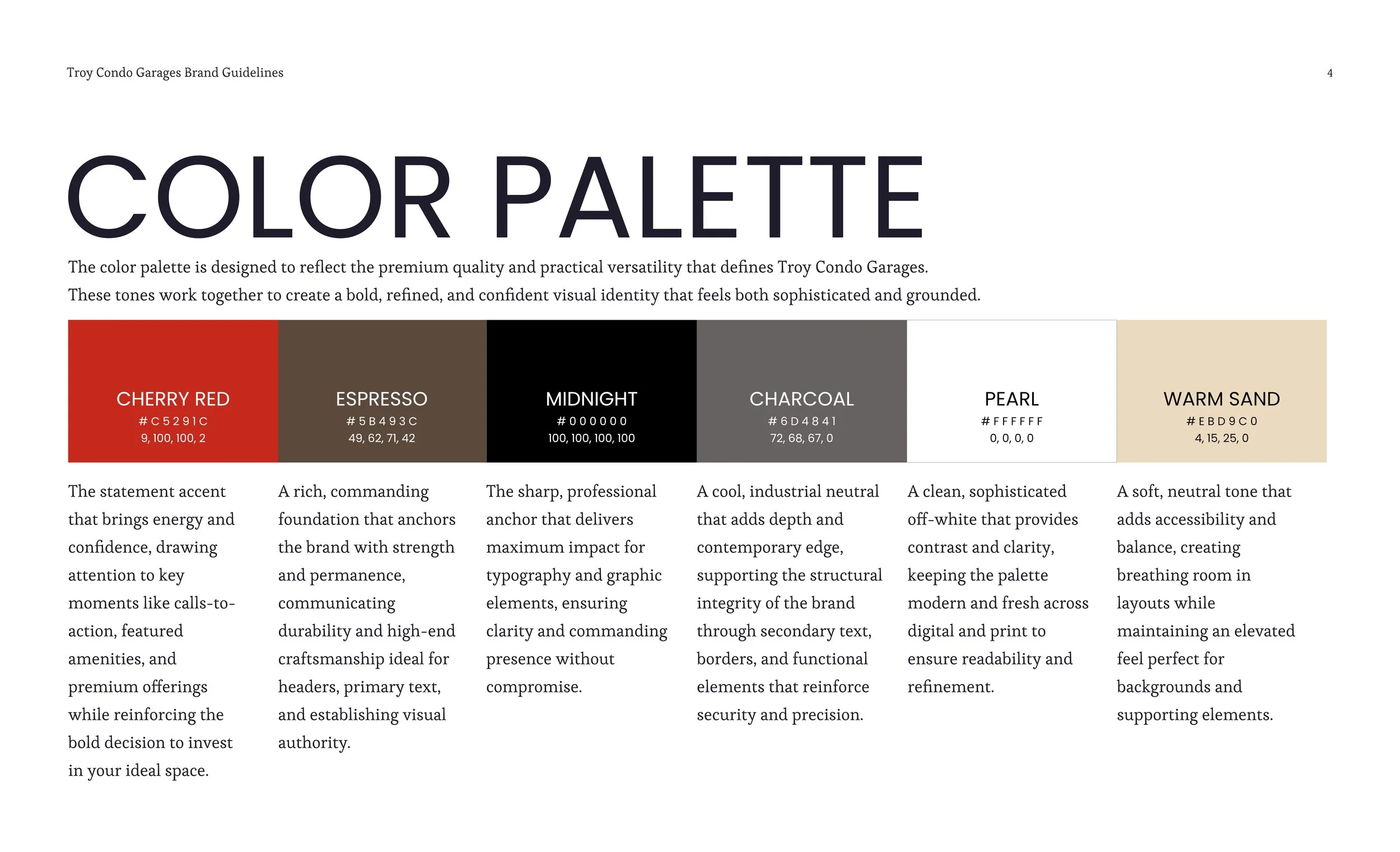 Troy Condo Garages Brand Guidelines page displaying a color palette with five colors: Cherry Red, Espresso, Midnight, Charcoal, Pearl, and Warm Sand, each with hex codes and descriptions of their usage.