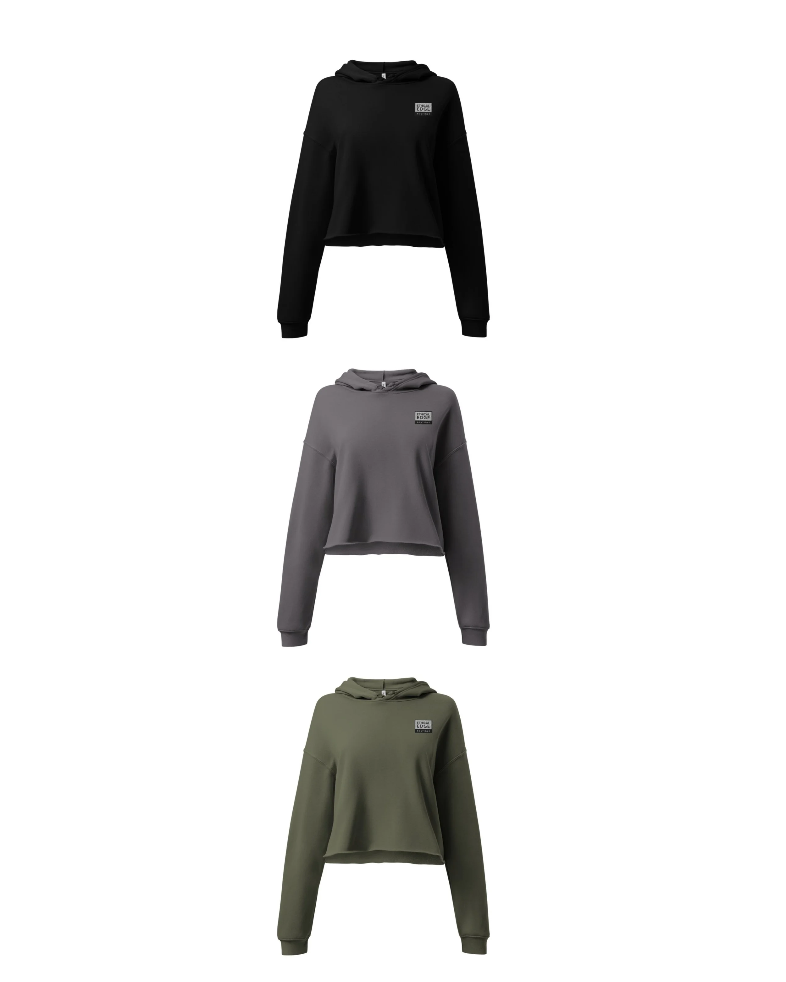 Set of three cropped hooded sweatshirts in black, gray, and olive green with small logo patches on the chest.
