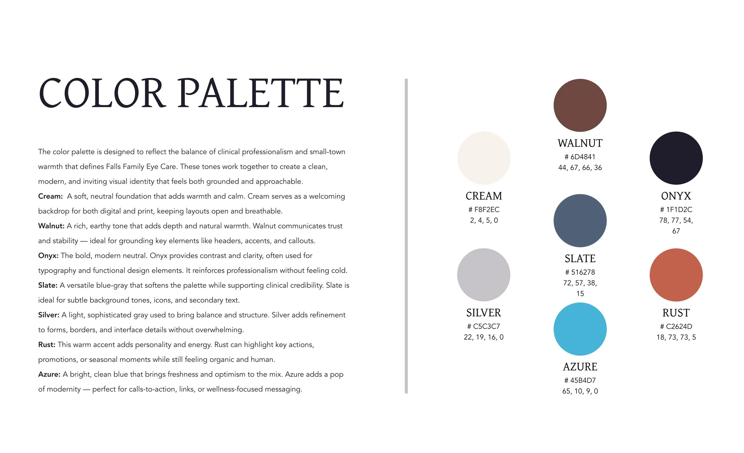 A color palette chart with six colors: Cream, Walnut, Onyx, Slate, Silver, Rust, and Azure, each with their HEX codes and RGB values, accompanying a description of the colors and their use in a professional design context.