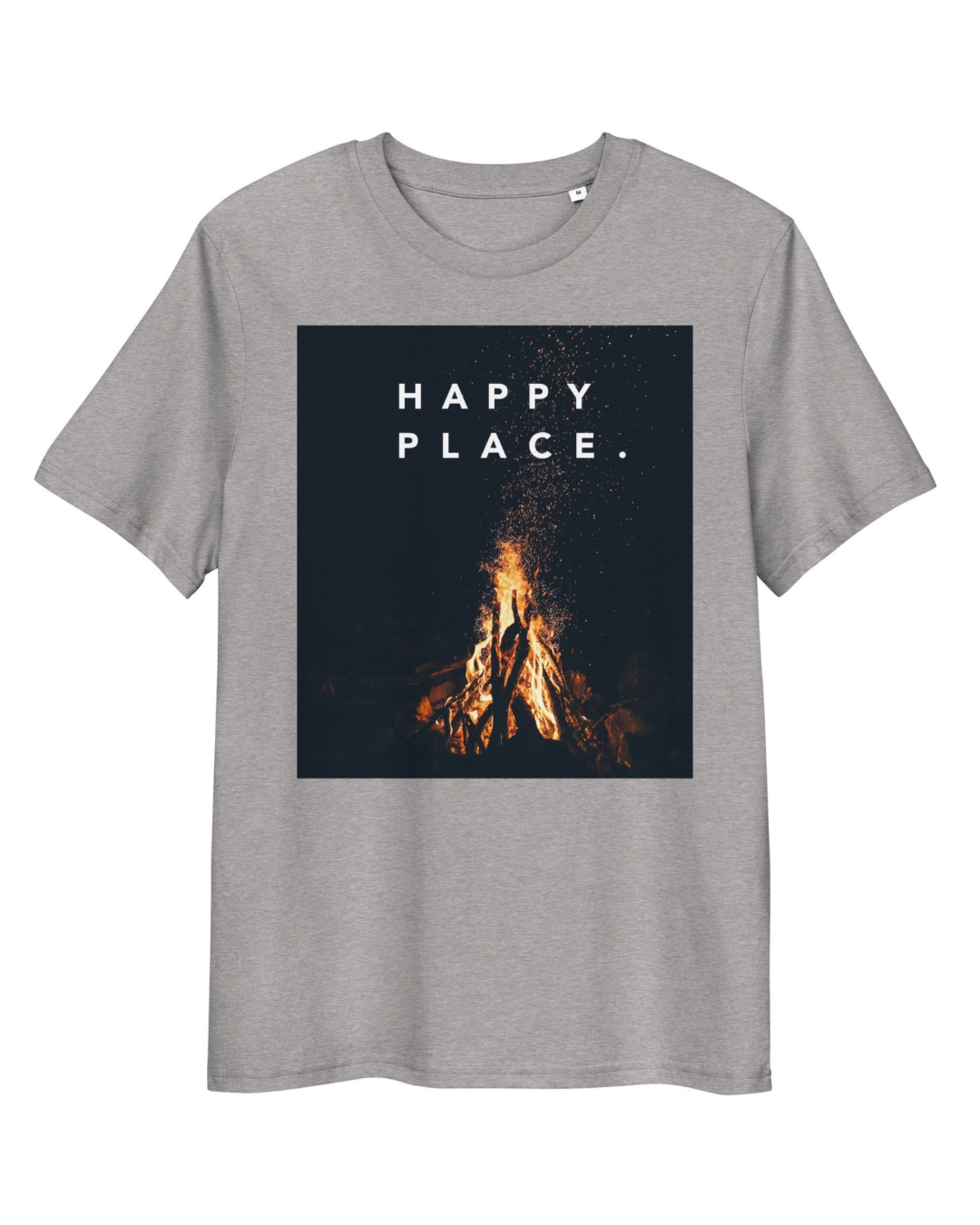Gray t-shirt with a graphic of a campfire at night and the text 'Happy Place' printed above the fire.