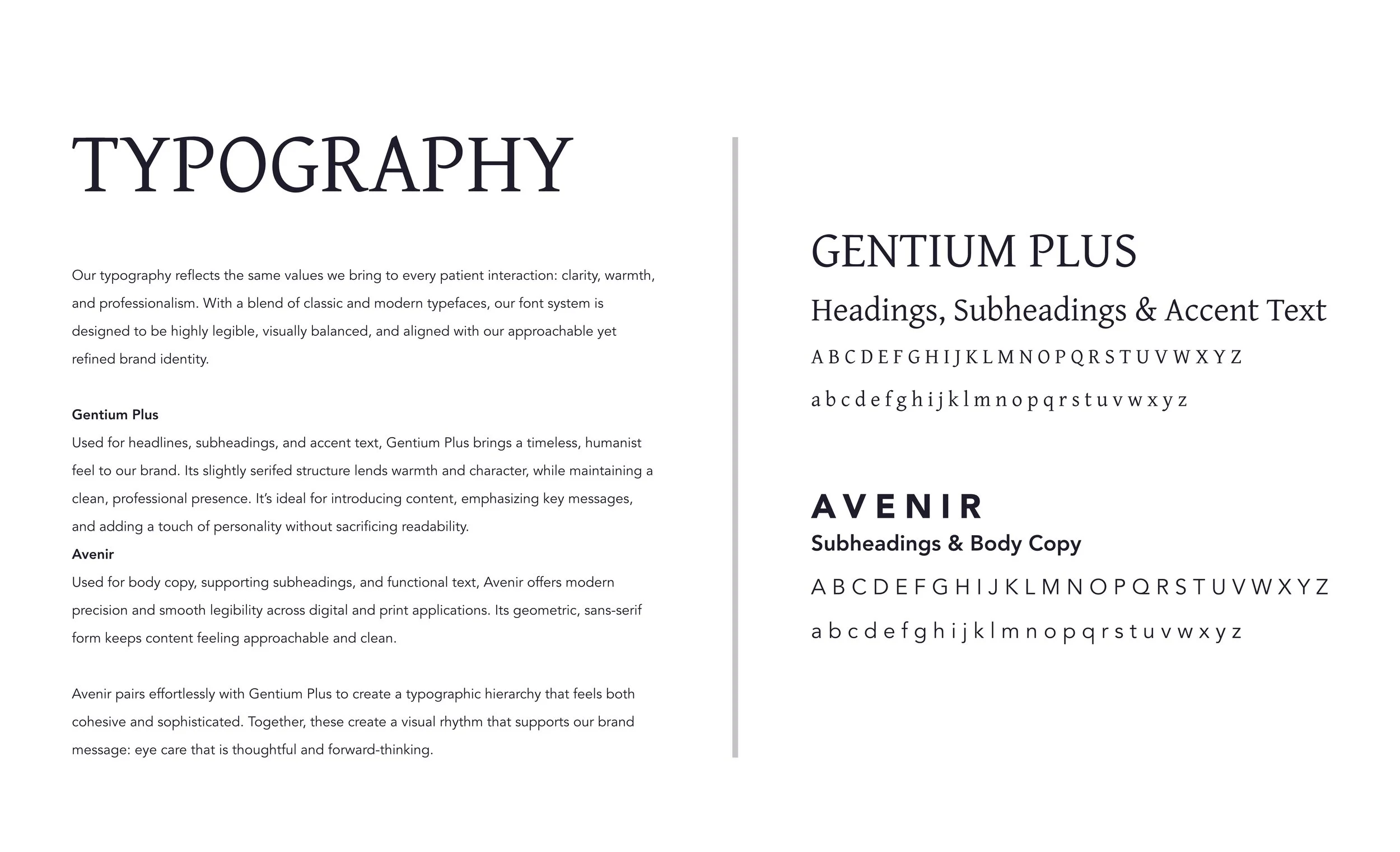 A font style guide with examples of typography choices, including headings, subheadings, and body text in different font styles and sizes.
