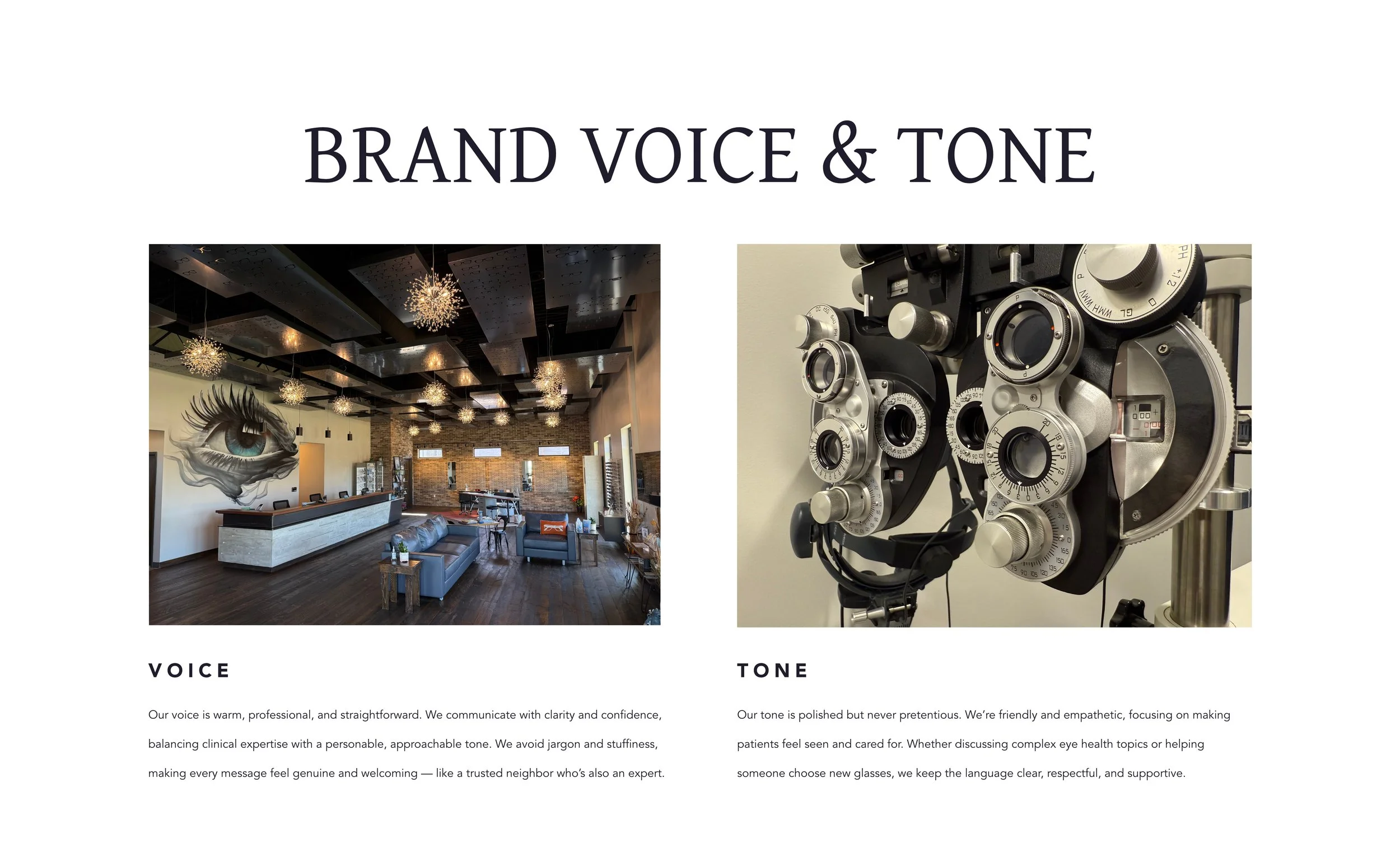 A webpage titled "BRAND VOICE & TONE" with two sections. On the left, a photo of a stylish, modern interior with a large eye mural, a reception desk, and lounge seating. On the right, an eye examination phoropter with multiple lenses and adjustment m