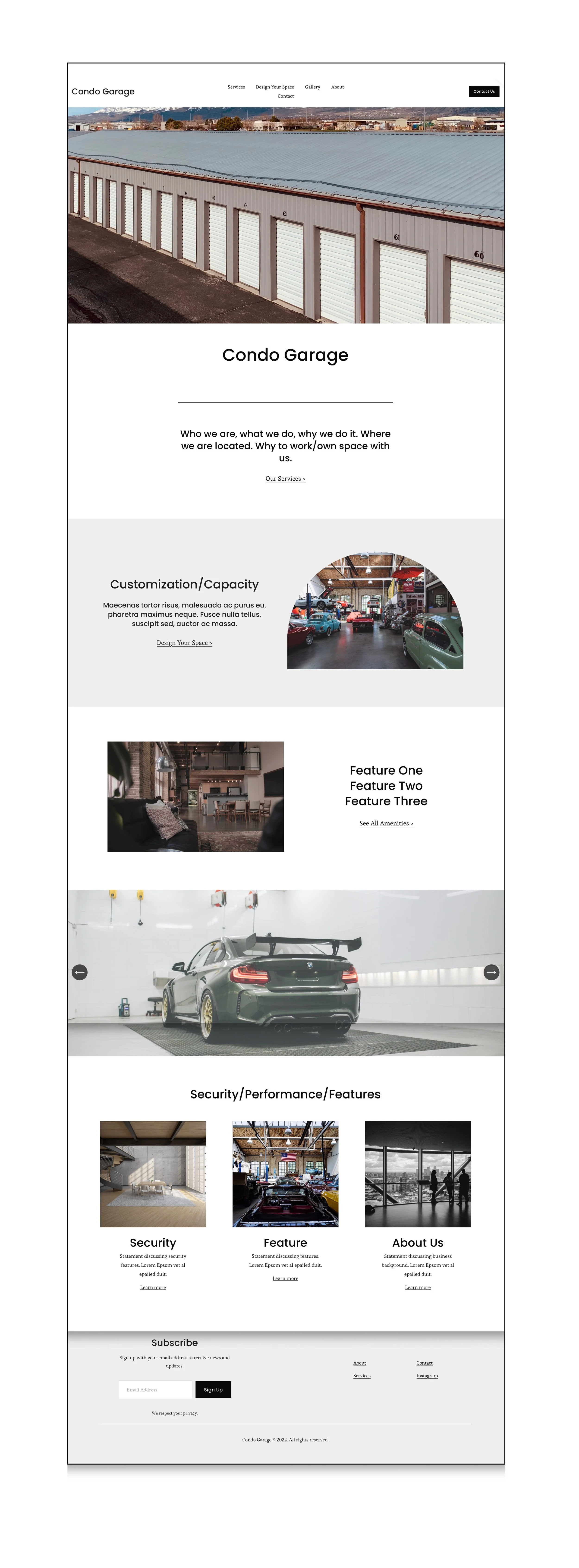 Website homepage for Condo Garage featuring images of storage units, a car inside a garage, and a car in a service area, with sections on services, customization, amenities, security, and contact options.