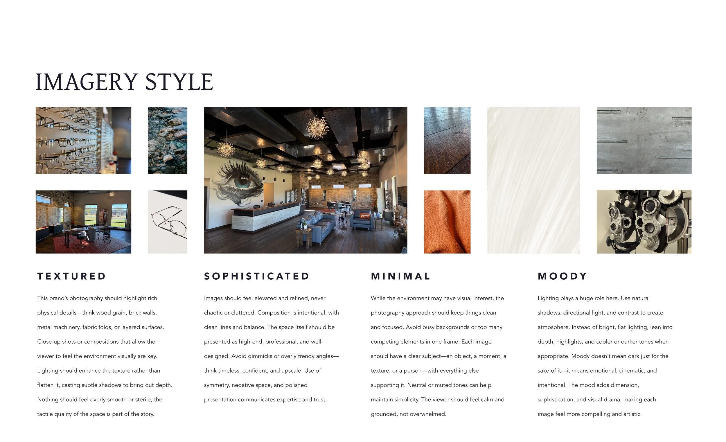 A detailed collage of photography style guides, illustrating textured, sophisticated, minimal, and moody styles with images of interior design, textures, and equipment.