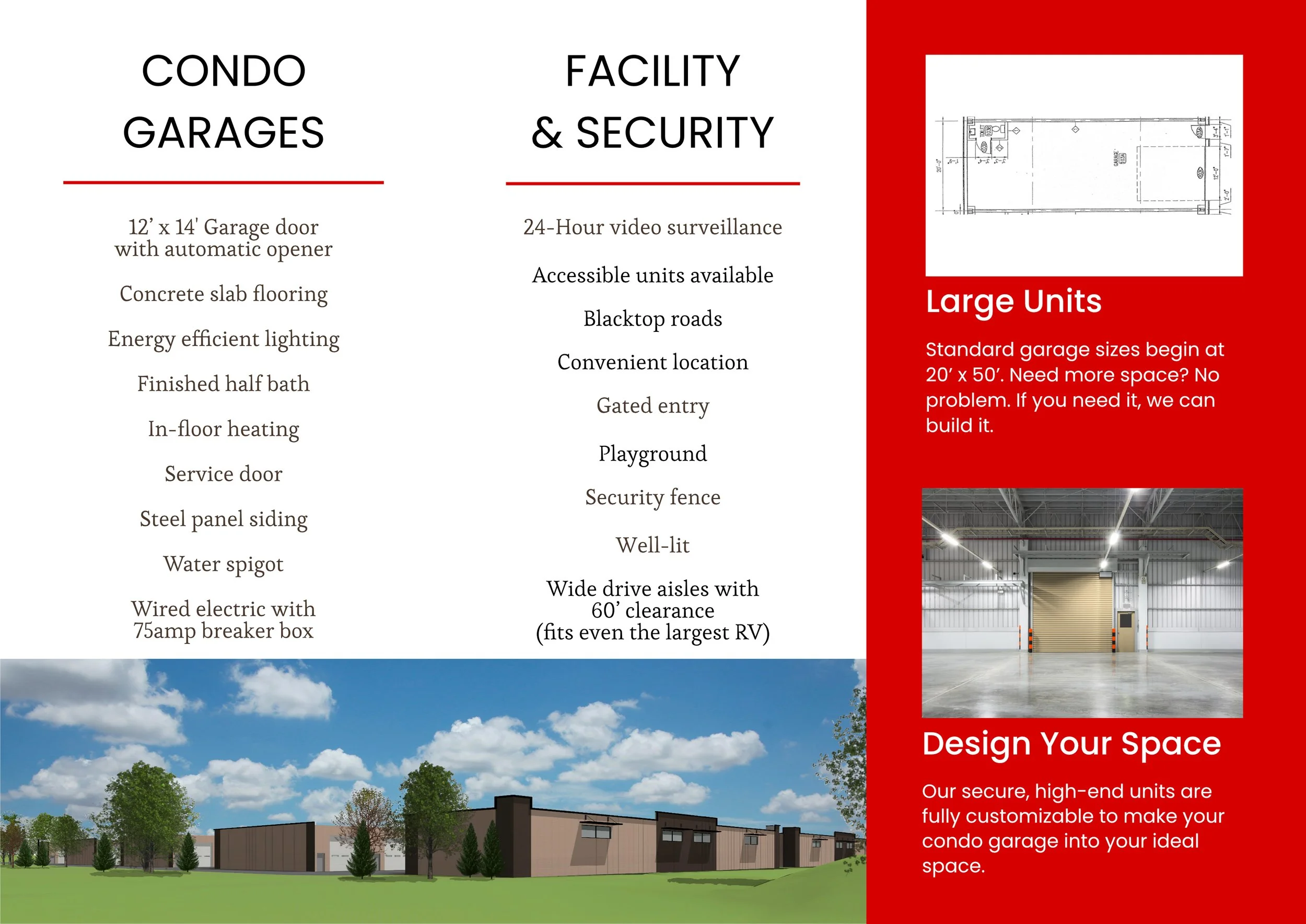 A brochure highlighting condo garages with features like a 12x14 garage door, concrete flooring, energy-efficient lighting, and in-floor heating. It also emphasizes facility security features, accessible units, and customizable high-end condo garage 