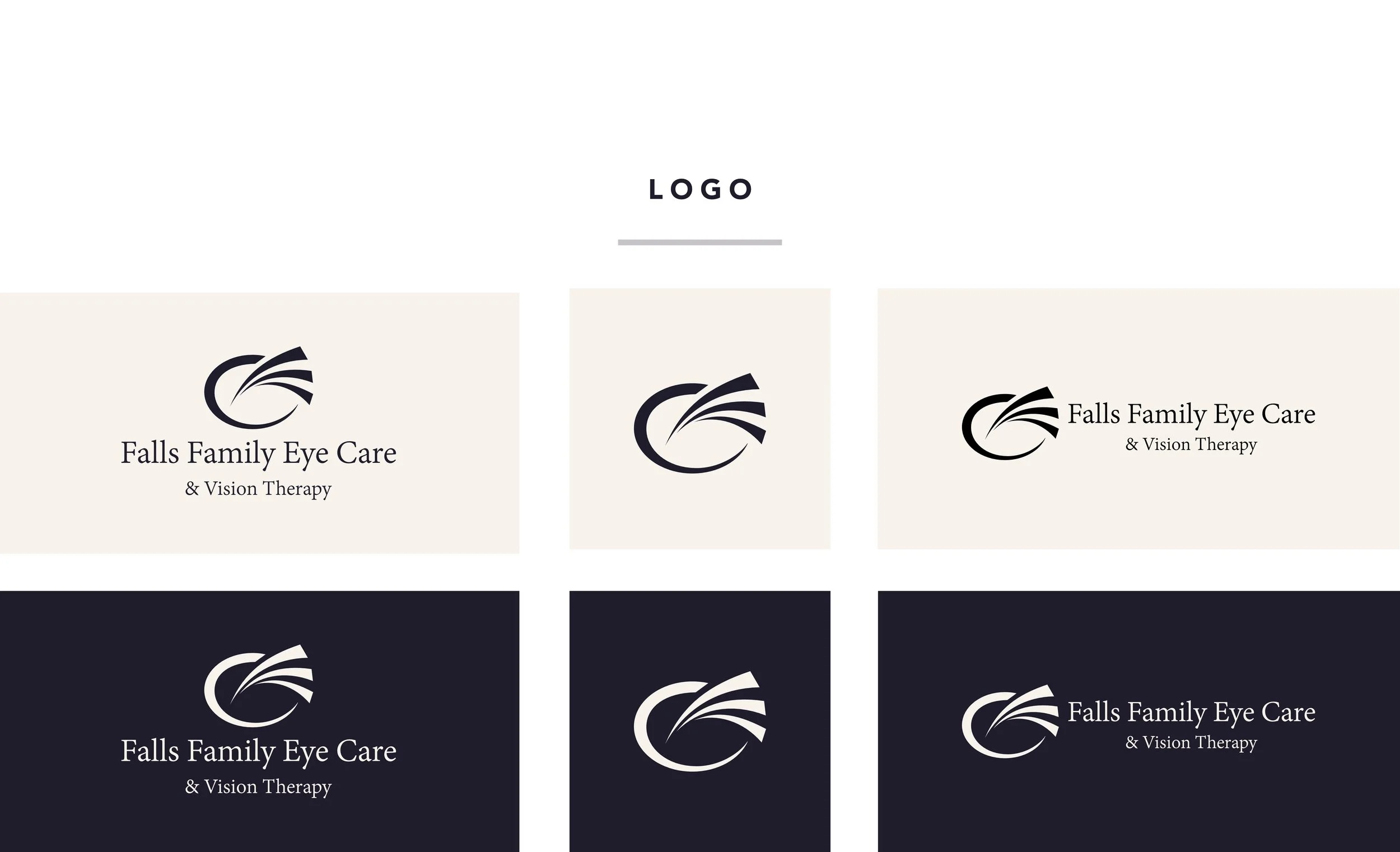 Collection of logo designs for Falls Family Eye Care & Vision Therapy, featuring a stylized eye icon with lines and text variations.
