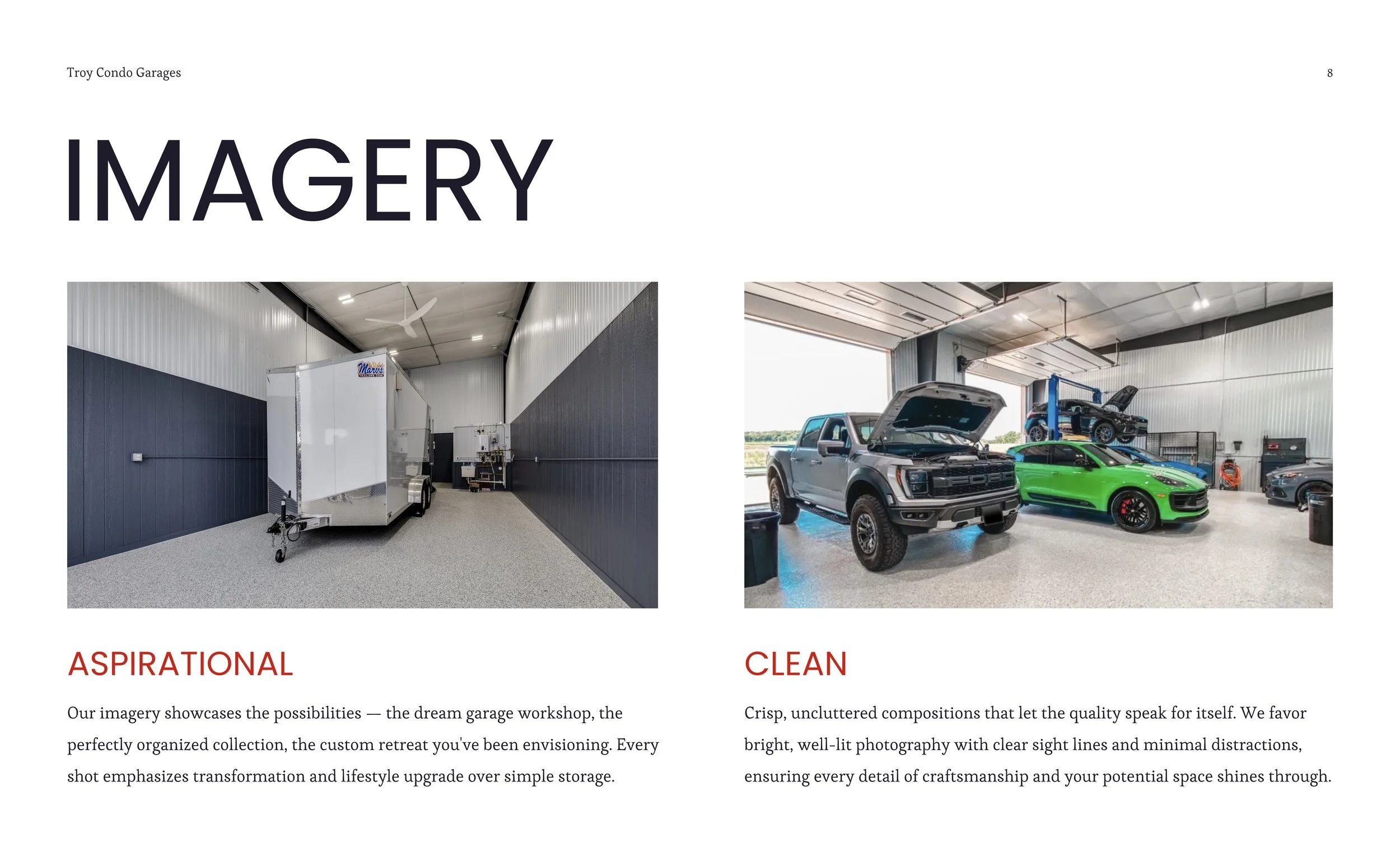 Two images showcasing a garage, with the left image featuring a white enclosed trailer in a storage unit, and the right image displaying two lifted trucks, a bright green sports car, and a lift with a car inside in a spacious garage.