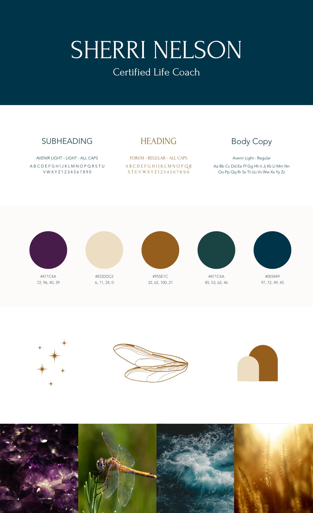 A branding mood board featuring a dark teal header with the name 'Sherri Nelson' and the title 'Certified Life Coach'. Below are sample text styles, color palette swatches including purple, beige, brown, green, and blue, along with simple line art of