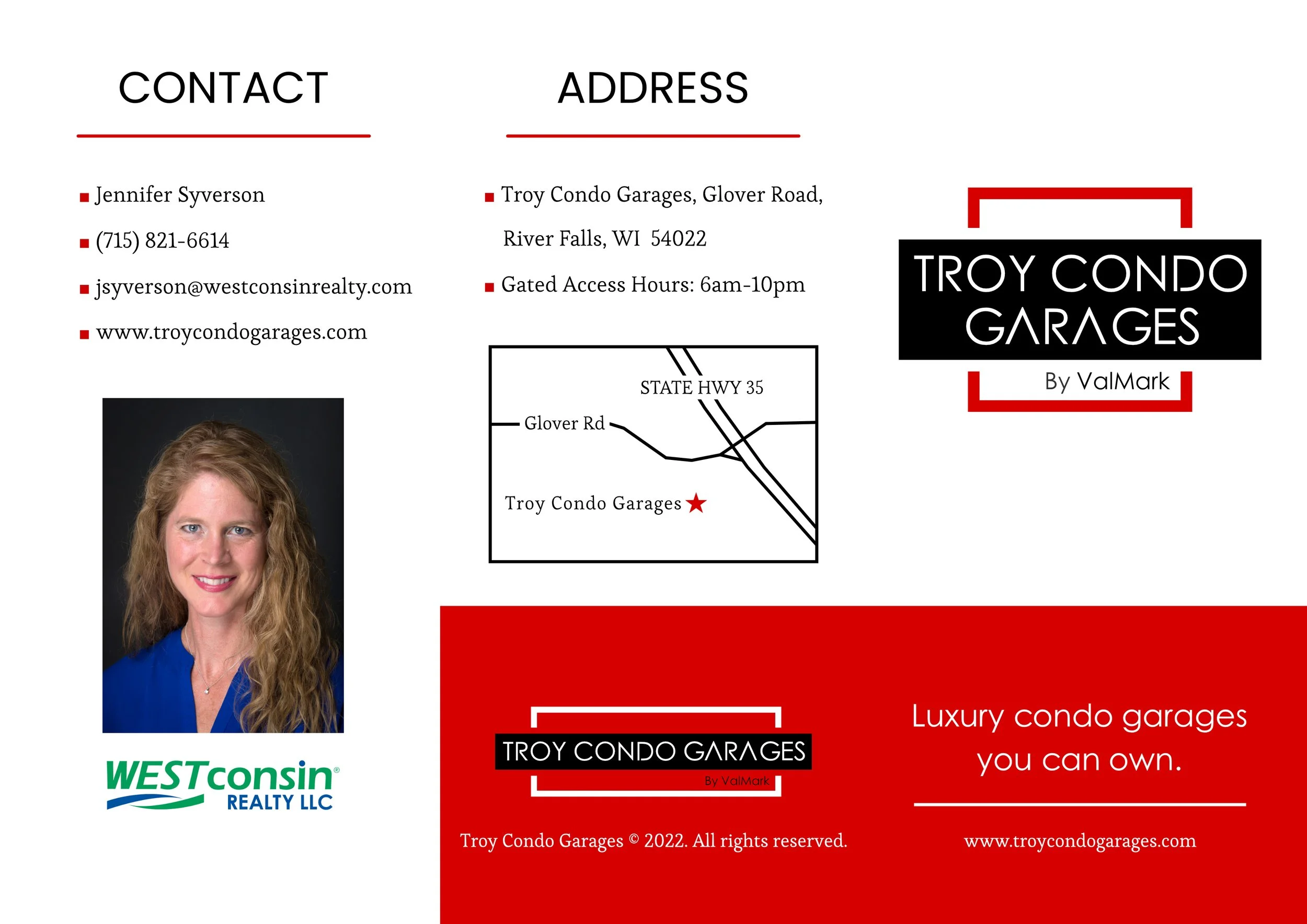 Contact information for Troy Condo Garages, including a photo of Jennifer Syverson, a map of the location near Glover Road and State Highway 35 in River Falls, Wisconsin, and branding for Troy Condo Garages and West Wisconsin Realty LLC.