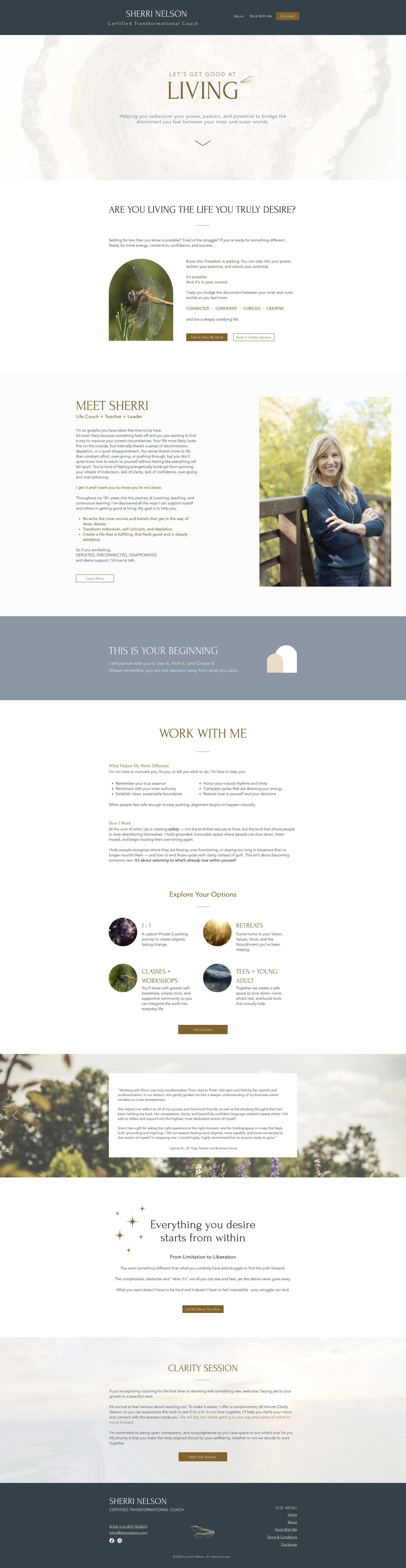 Website homepage for Sherri Nelson, Life Coach, with sections promoting living fully, meeting Sherri, work options including retreats, classes, and coaching, and a clarity session offer. Features a photo of Sherri smiling outdoors and an image of a dragonfly.