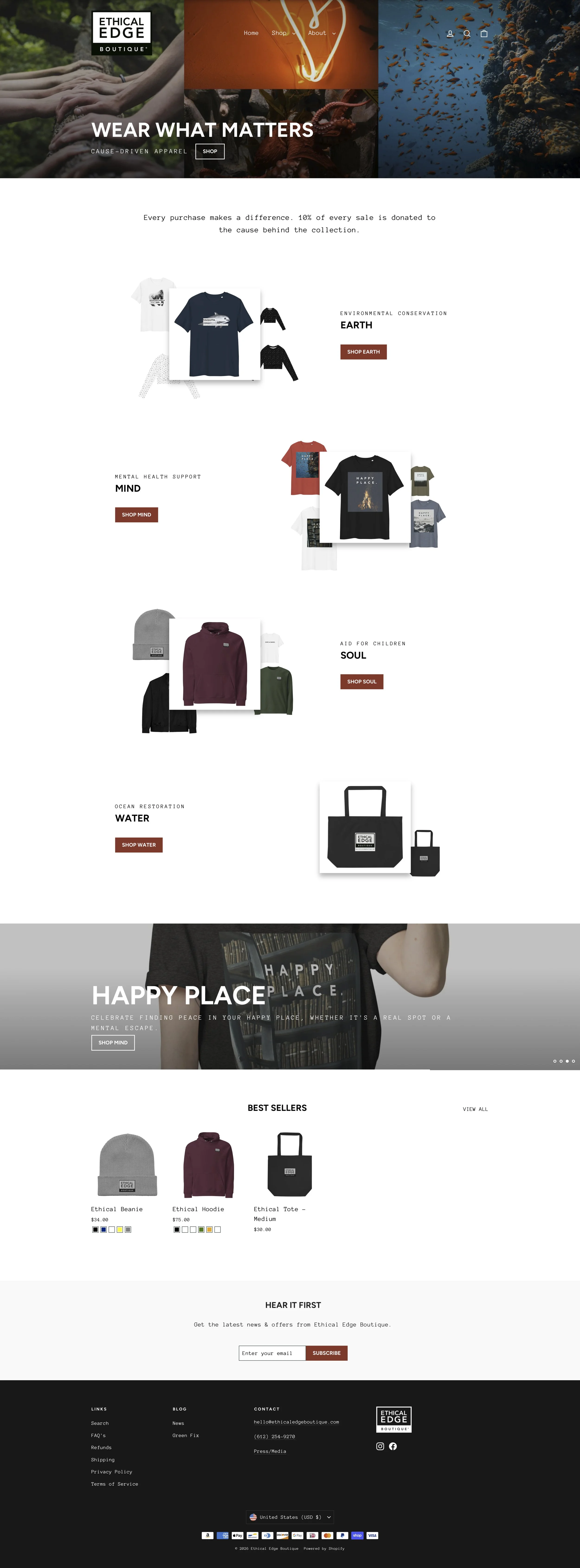 Screenshot of Ethical Edge Boutique's online store homepage featuring sustainable and cause-driven apparel, accessories, and promotional items focused on environmental and mental health themes.