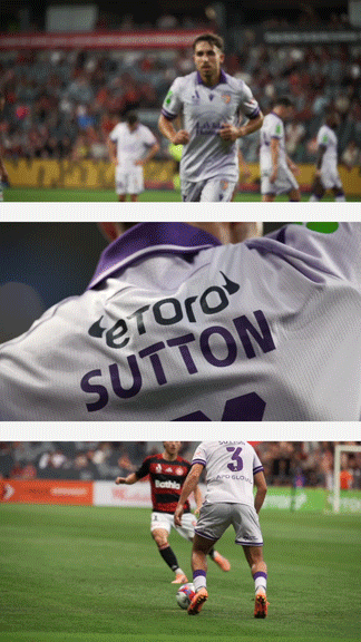 Composite of three images from a soccer match featuring players, one with the name 'Sutton' on his jersey, and a close-up of a jersey with 'eToro' branding.