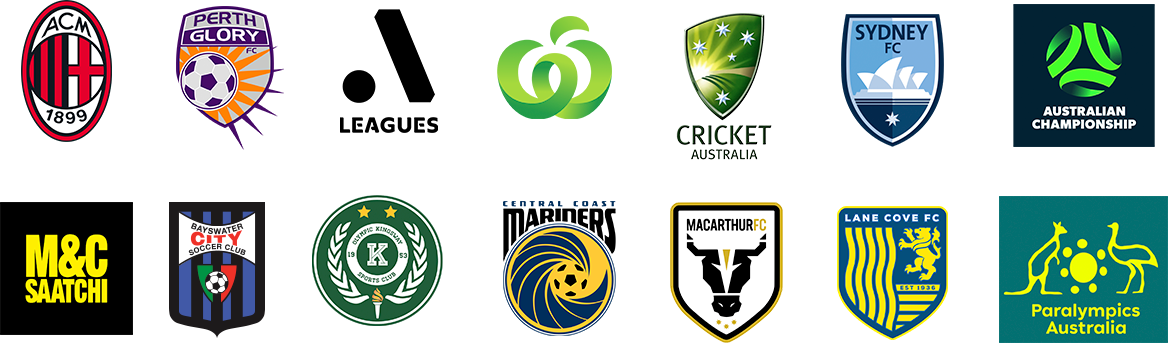Logos of various Australian sports teams and leagues, including soccer, cricket, rugby, and Paralympics Australia.